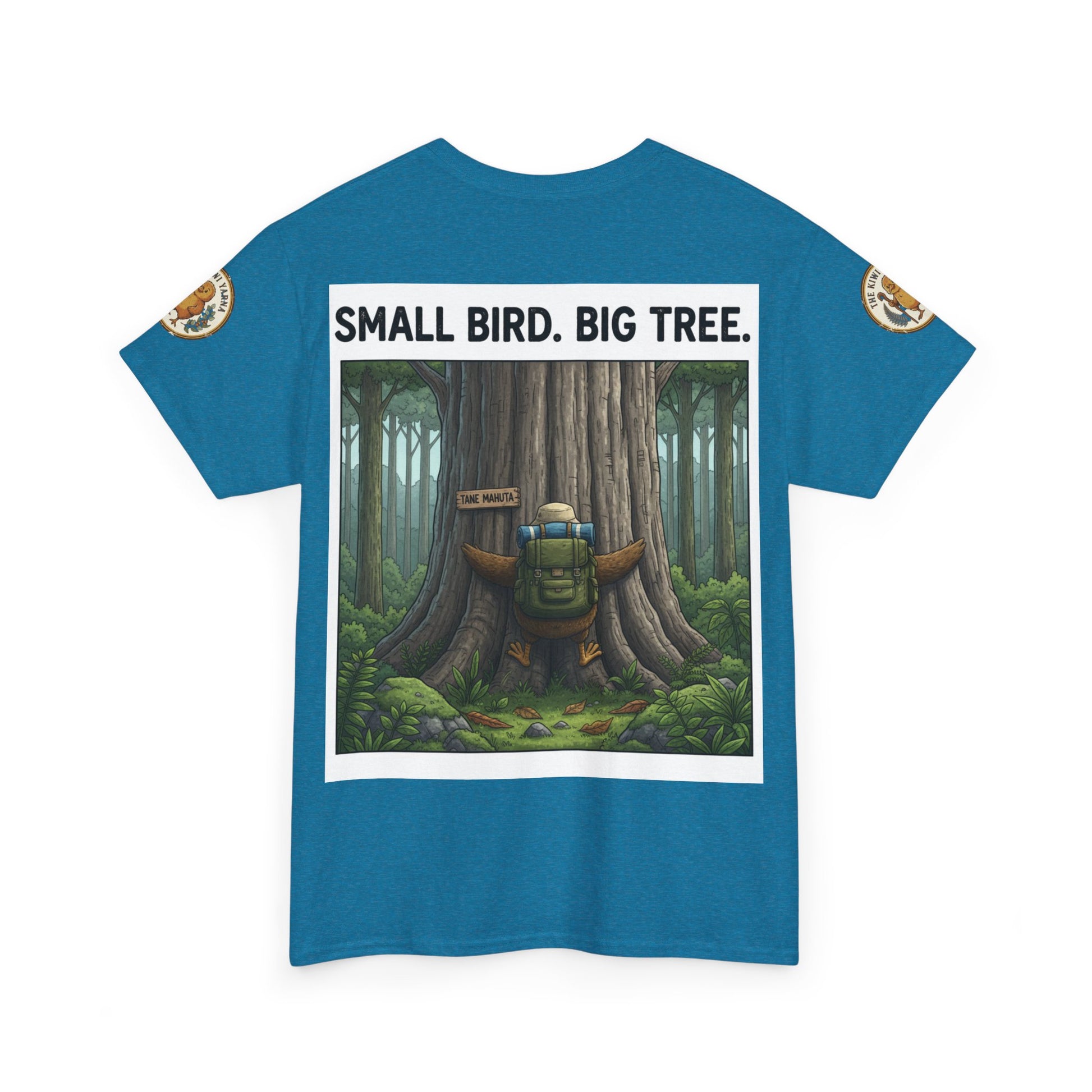Teal crewneck T-shirt with "SMALL BIRD. BIG TREE." centered tree scene print