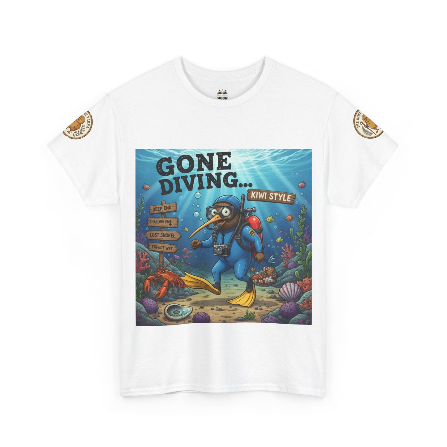 White crew-neck T-shirt with ocean diver graphic and round sleeve patches
