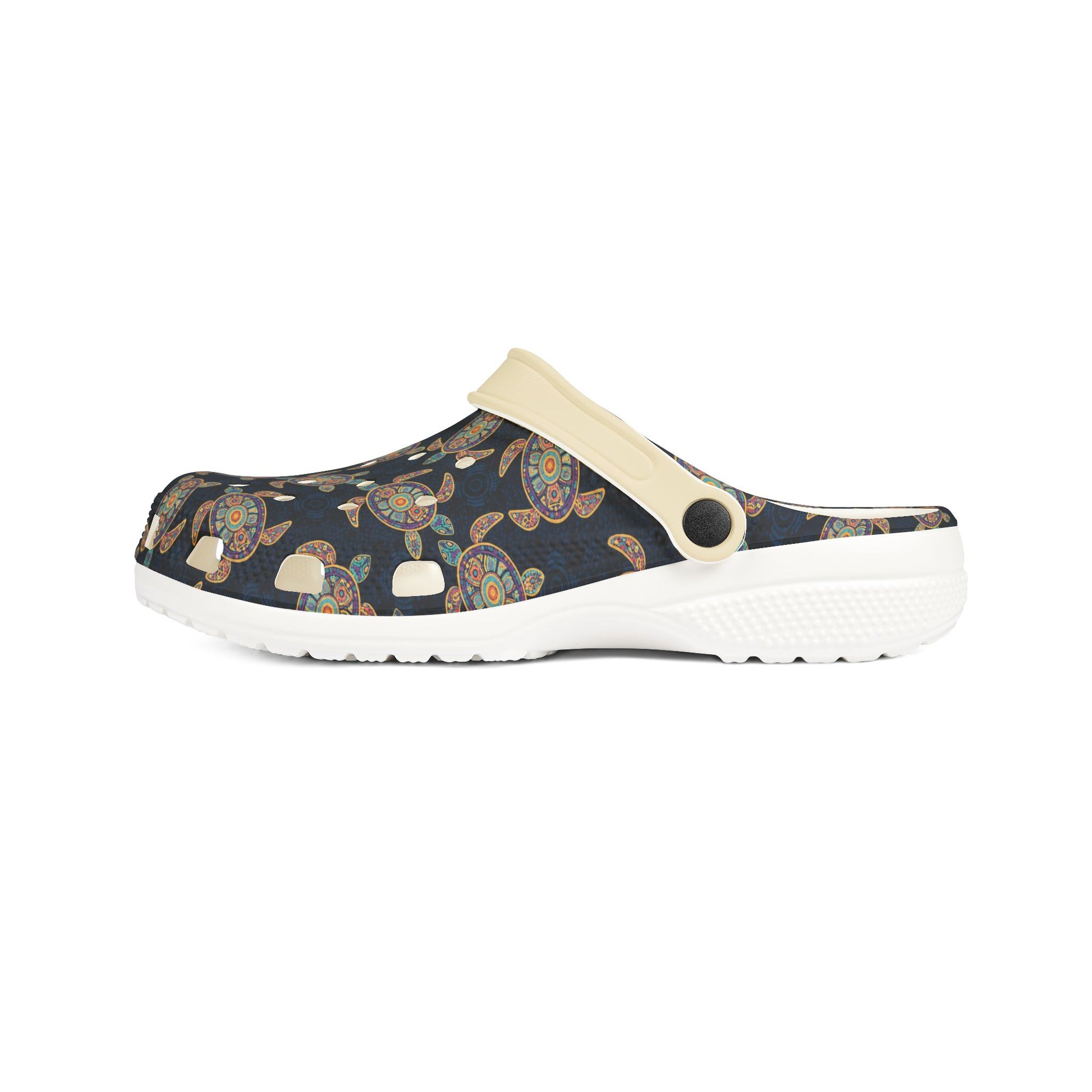 Croc-style clog side view, dark navy turtle print upper with light beige strap and white sole