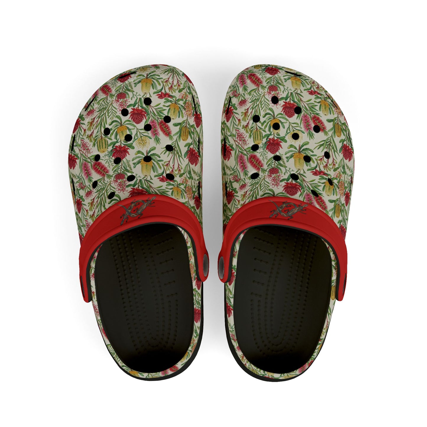 Floral slip-on clog with red strap; dark interior lining and patterned uppers.