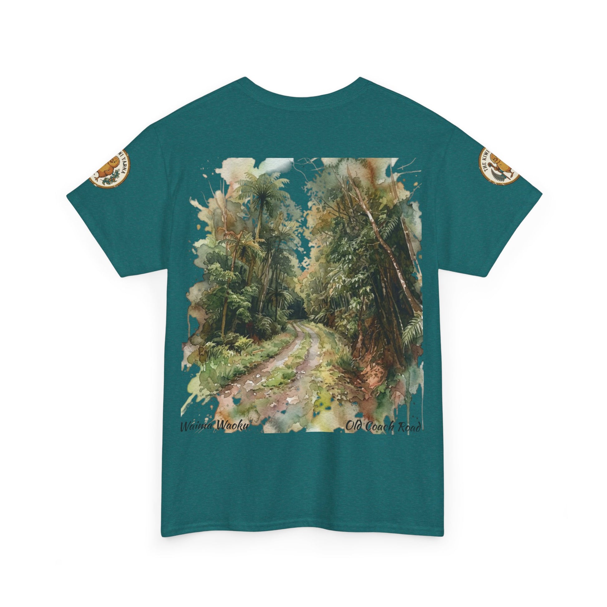Teal crew-neck T-shirt with scenic path illustration graphic