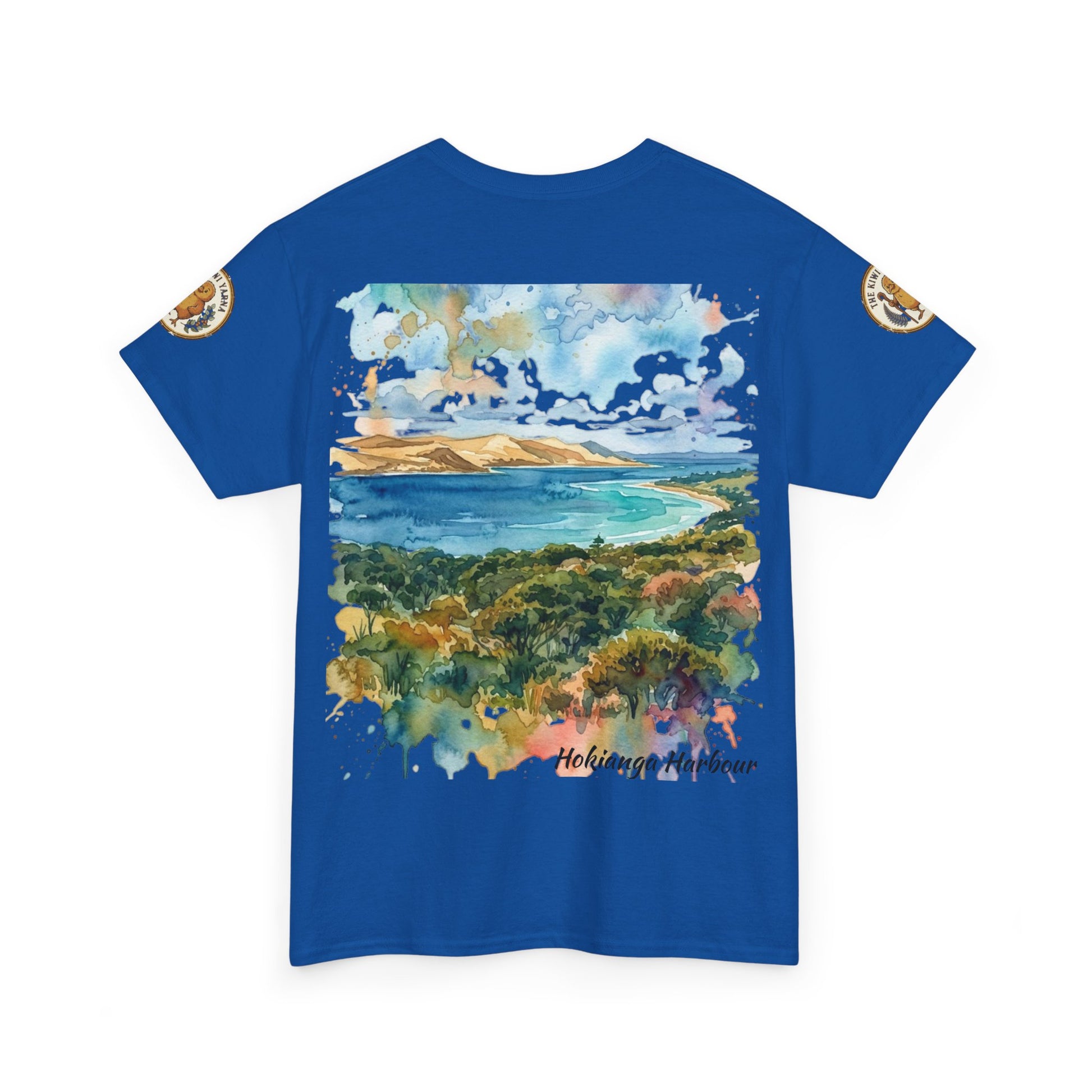 Blue crew-neck graphic T-shirt with scenic landscape print and small round sleeve patches