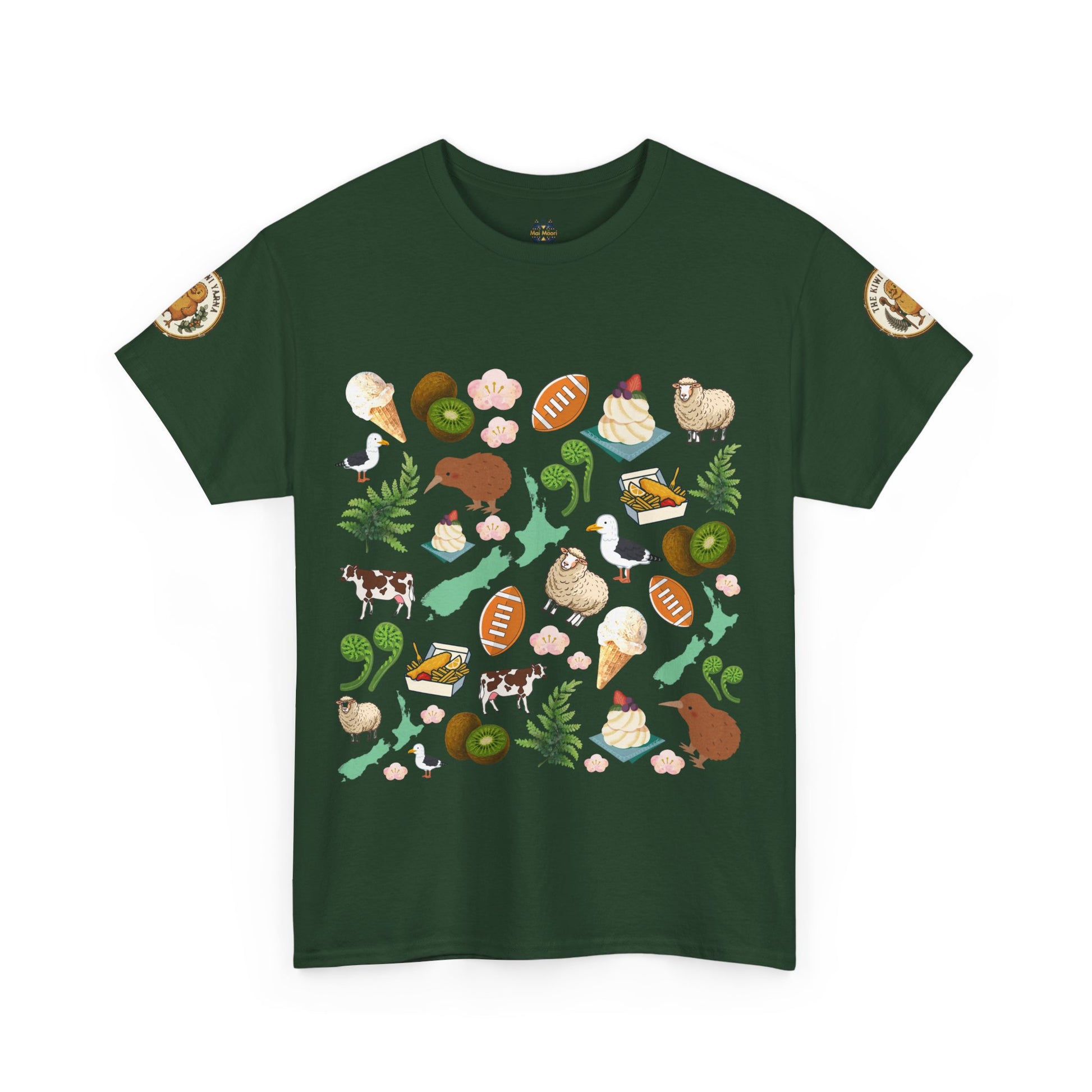 Irish Green Kiwiana graphic T-shirt, crewneck, short sleeves, colorful bird and flora print
