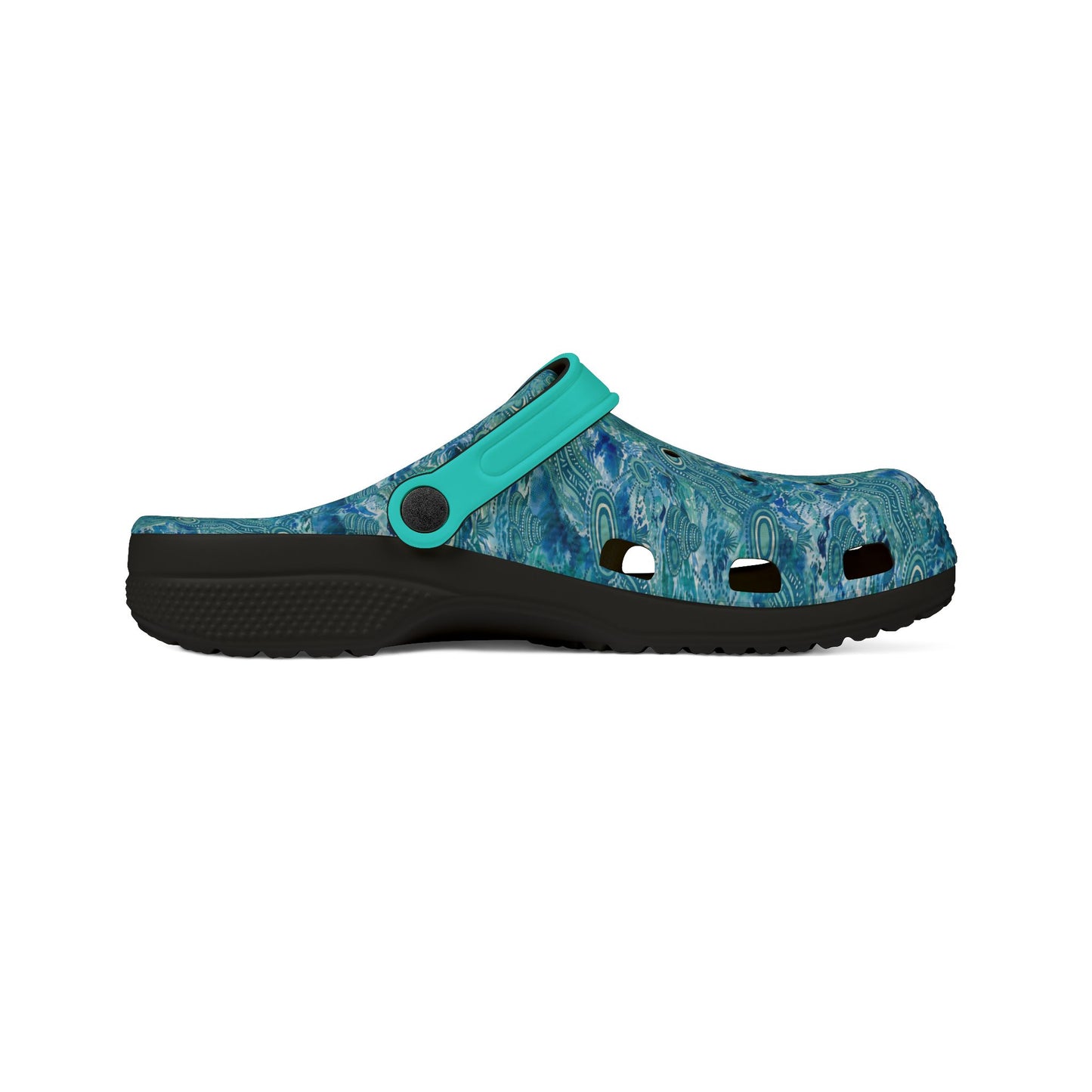 Blue teal patterned clog shoes from side view with teal strap and black outsole