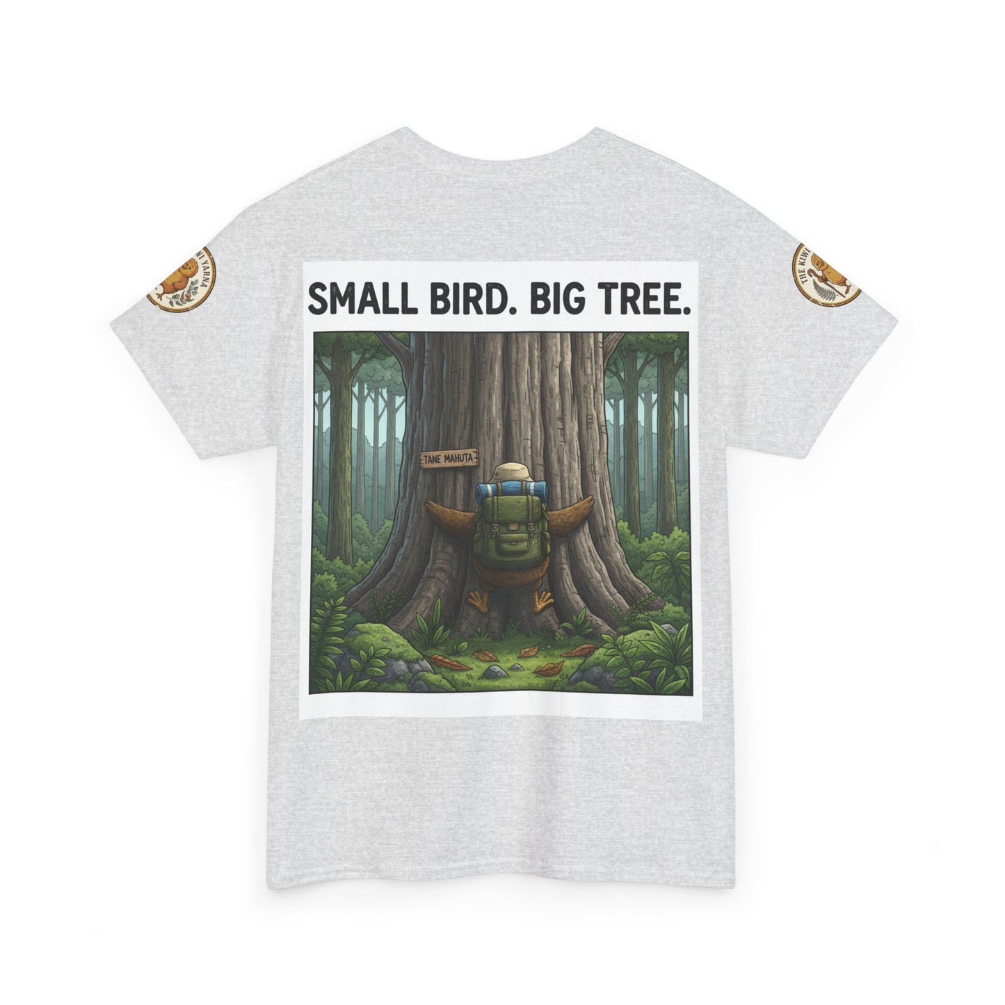 Heather gray crewneck T-shirt with forest graphic and 'Small Bird. Big Tree.' print