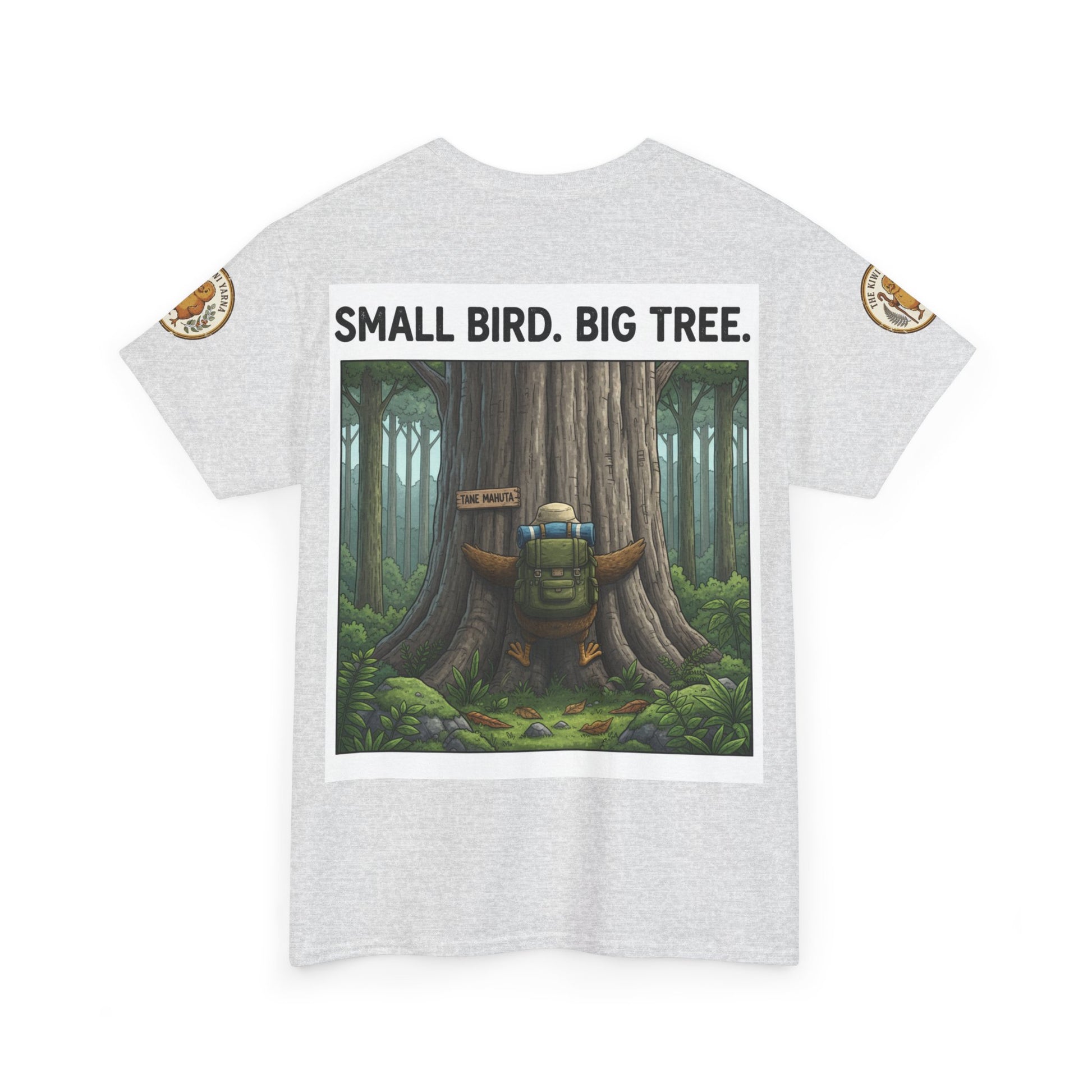 Heather gray crewneck T-shirt with forest graphic and 'Small Bird. Big Tree.' print