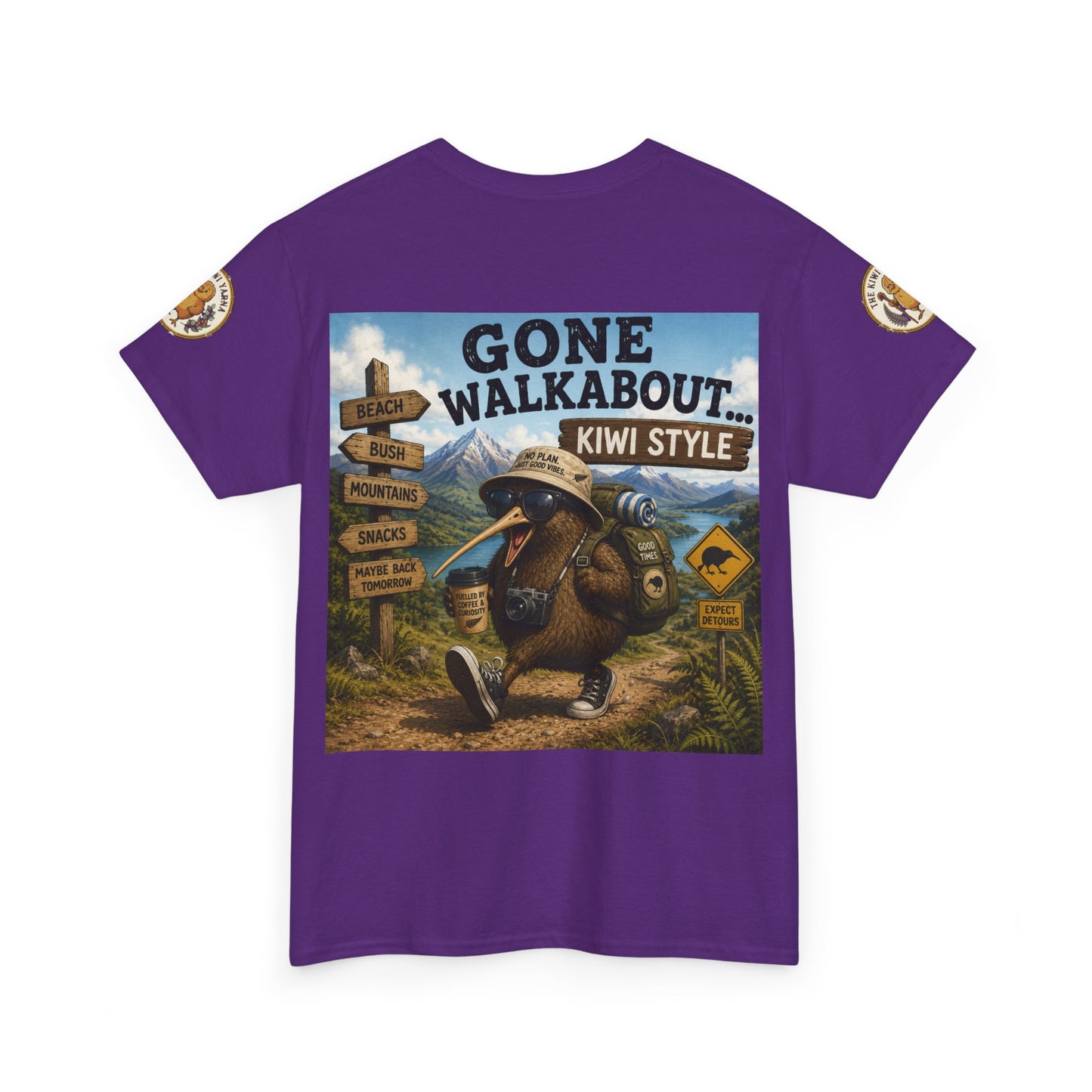 Purple crew-neck short-sleeve T-shirt with large front graphic and patterned sleeve patch.