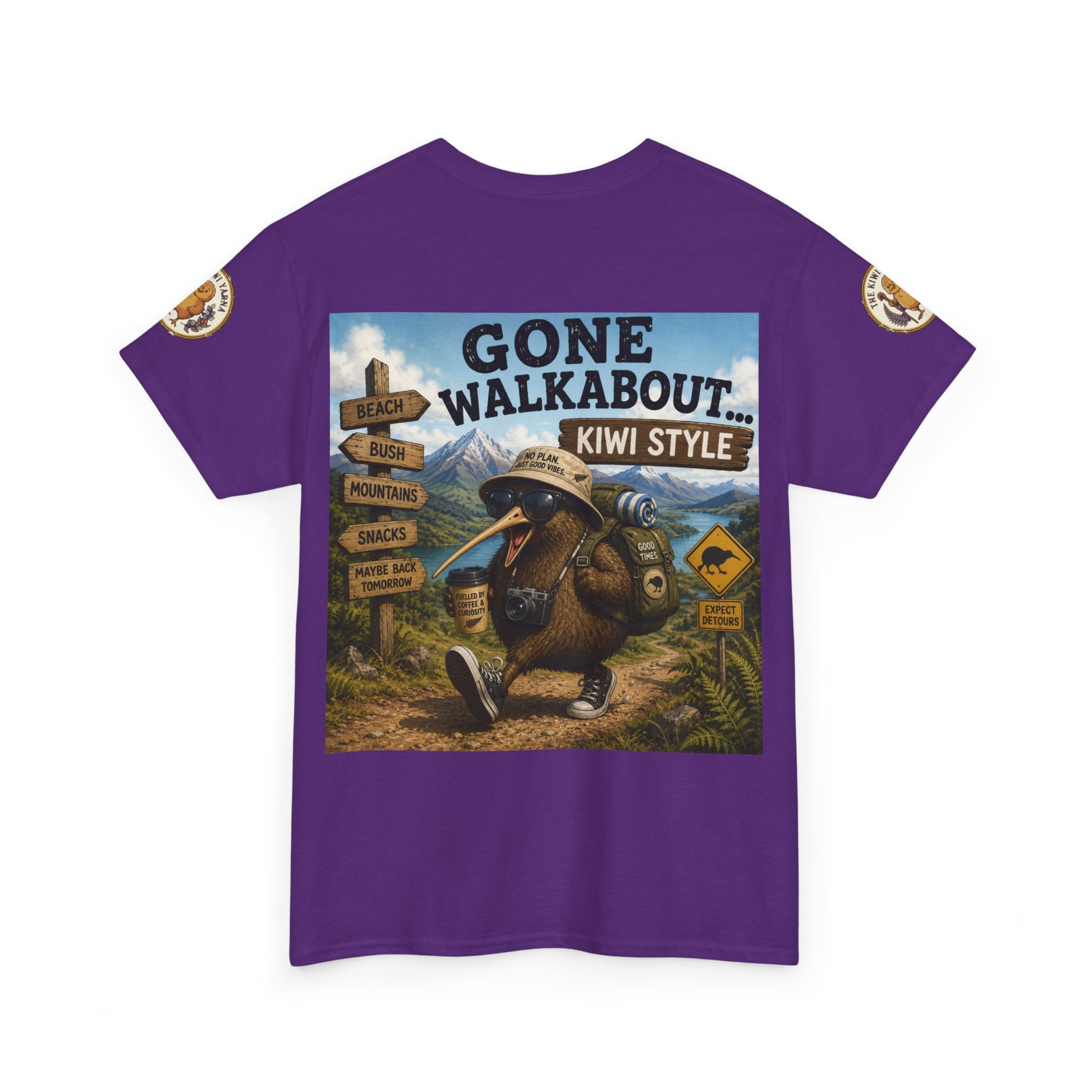 Purple crew-neck short-sleeve T-shirt with large front graphic and patterned sleeve patch.