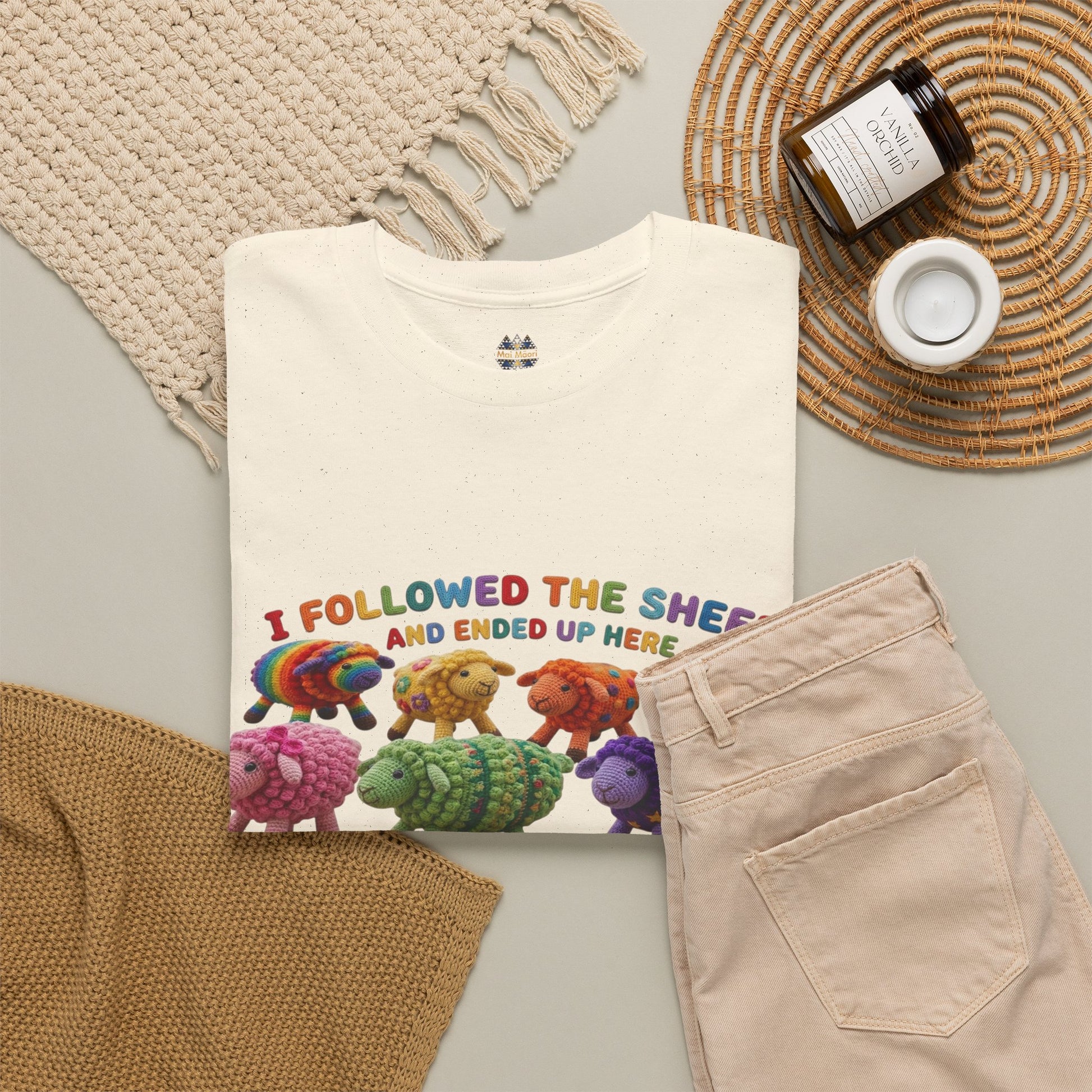Cream crewneck T-shirt with colorful sheep herd graphic and “I followed the sheep” text.