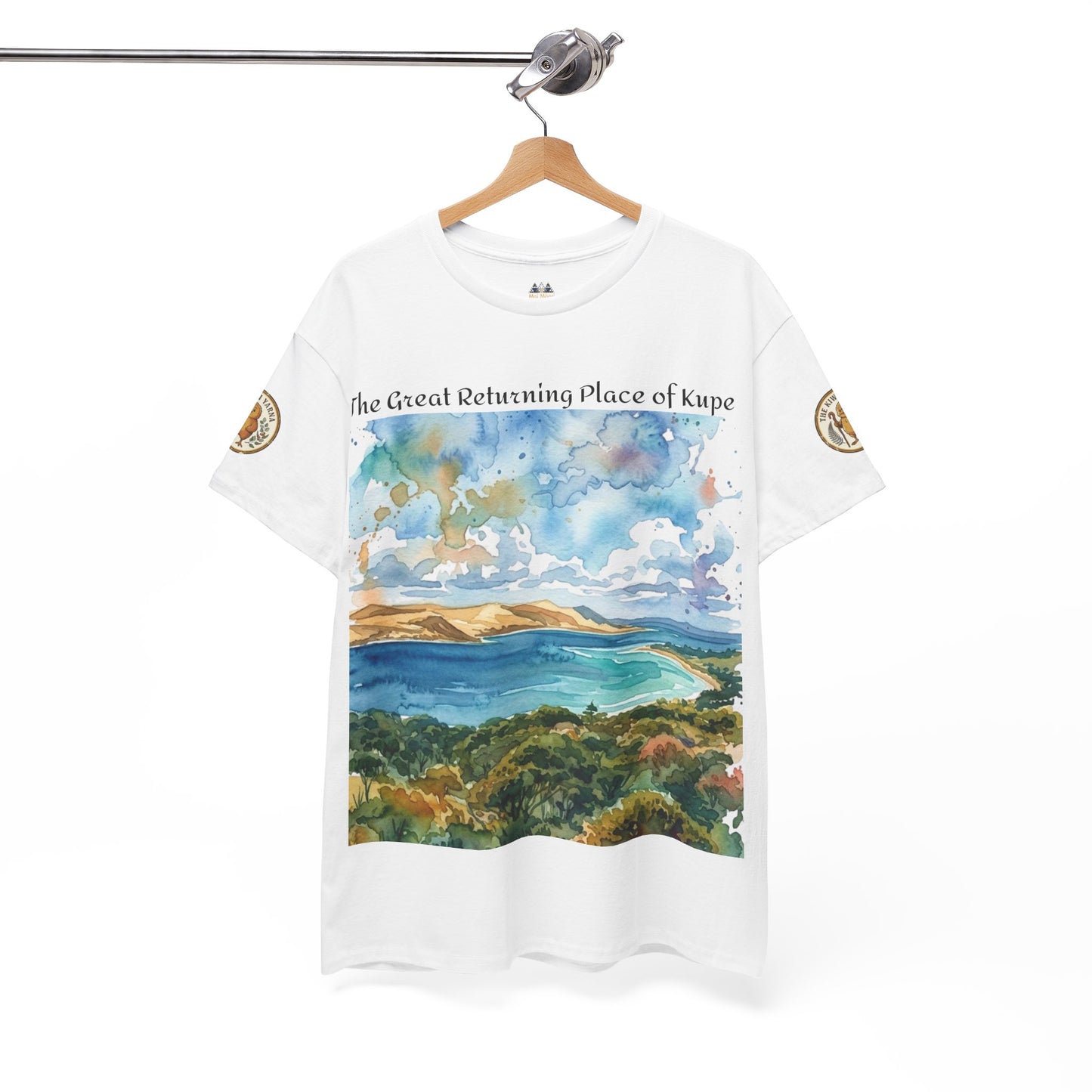 White crew-neck T-shirt on hanger with watercolor landscape graphic and sleeve patches