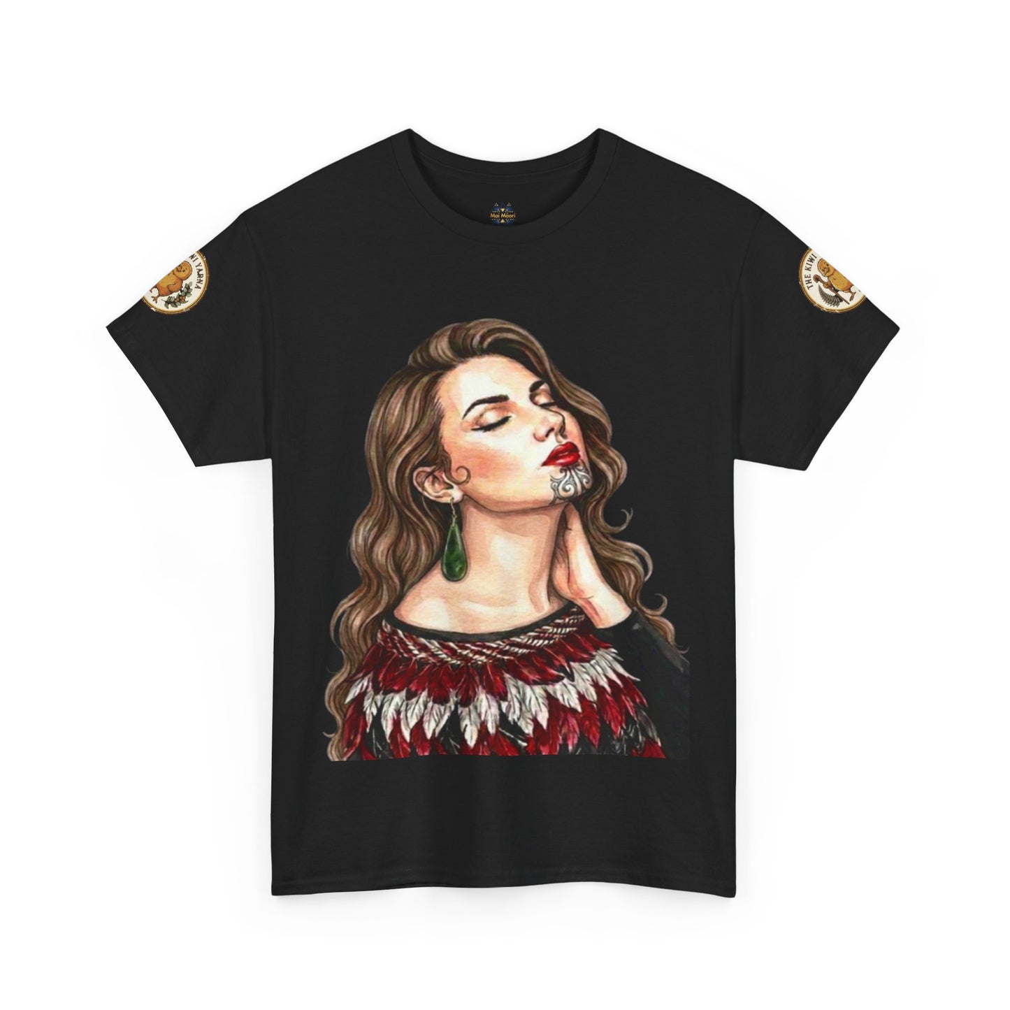 Black T-shirt with portrait graphic and gold sleeve patch details.