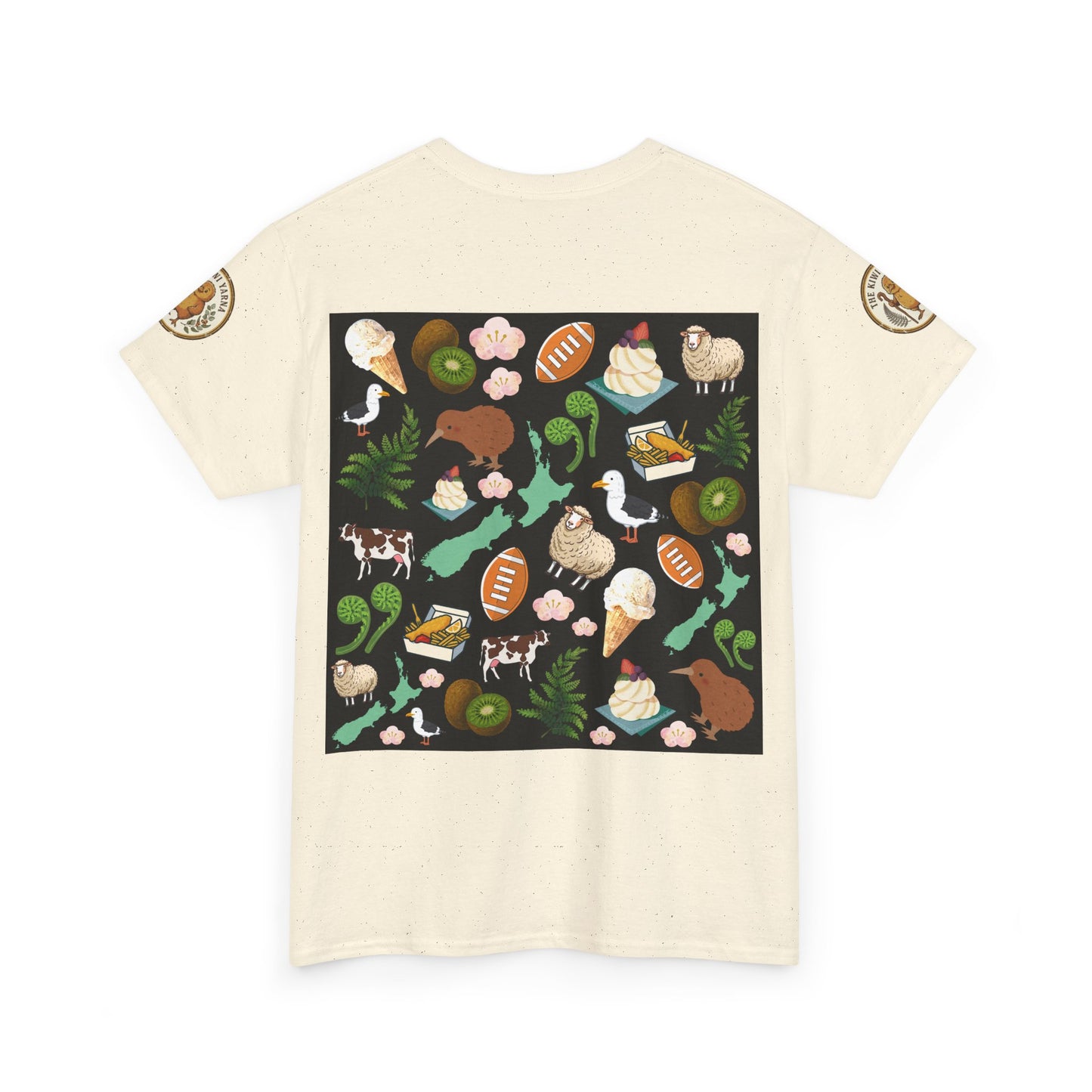 Cream T-shirt with large square back graphic of New Zealand icons and animals