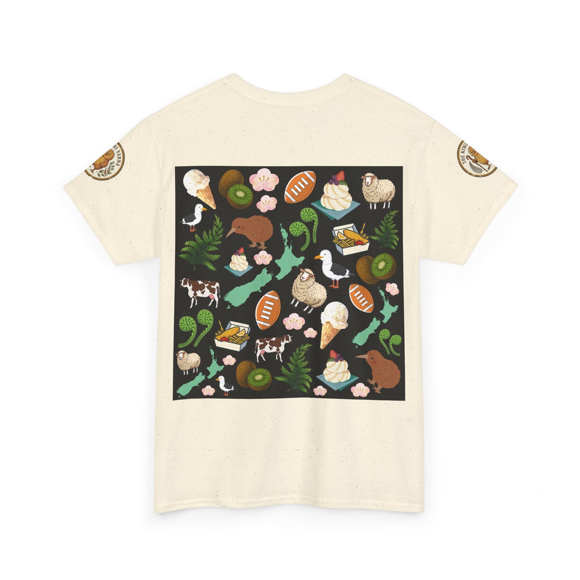 Cream T-shirt with large square back graphic of New Zealand icons and animals