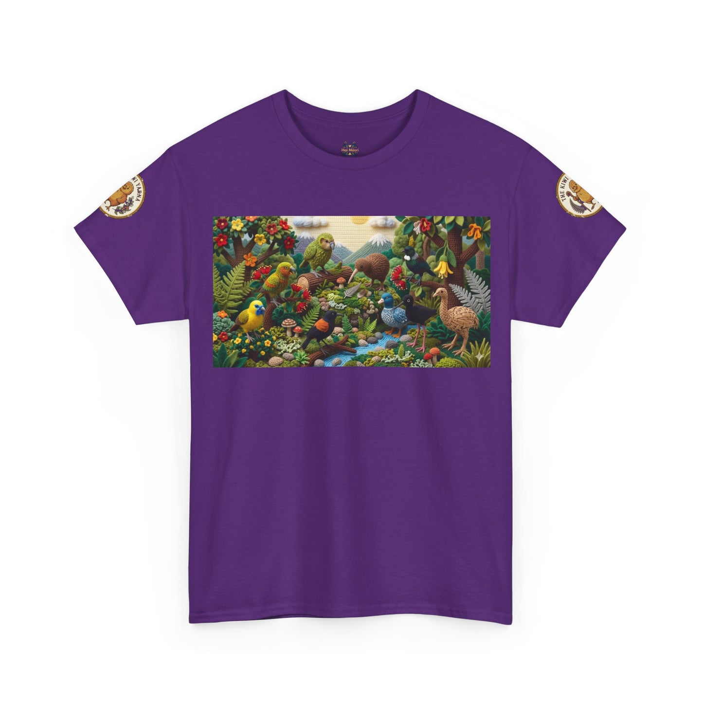 Purple graphic T-shirt with birds-and-flowers rectangular front print and small sleeve badges