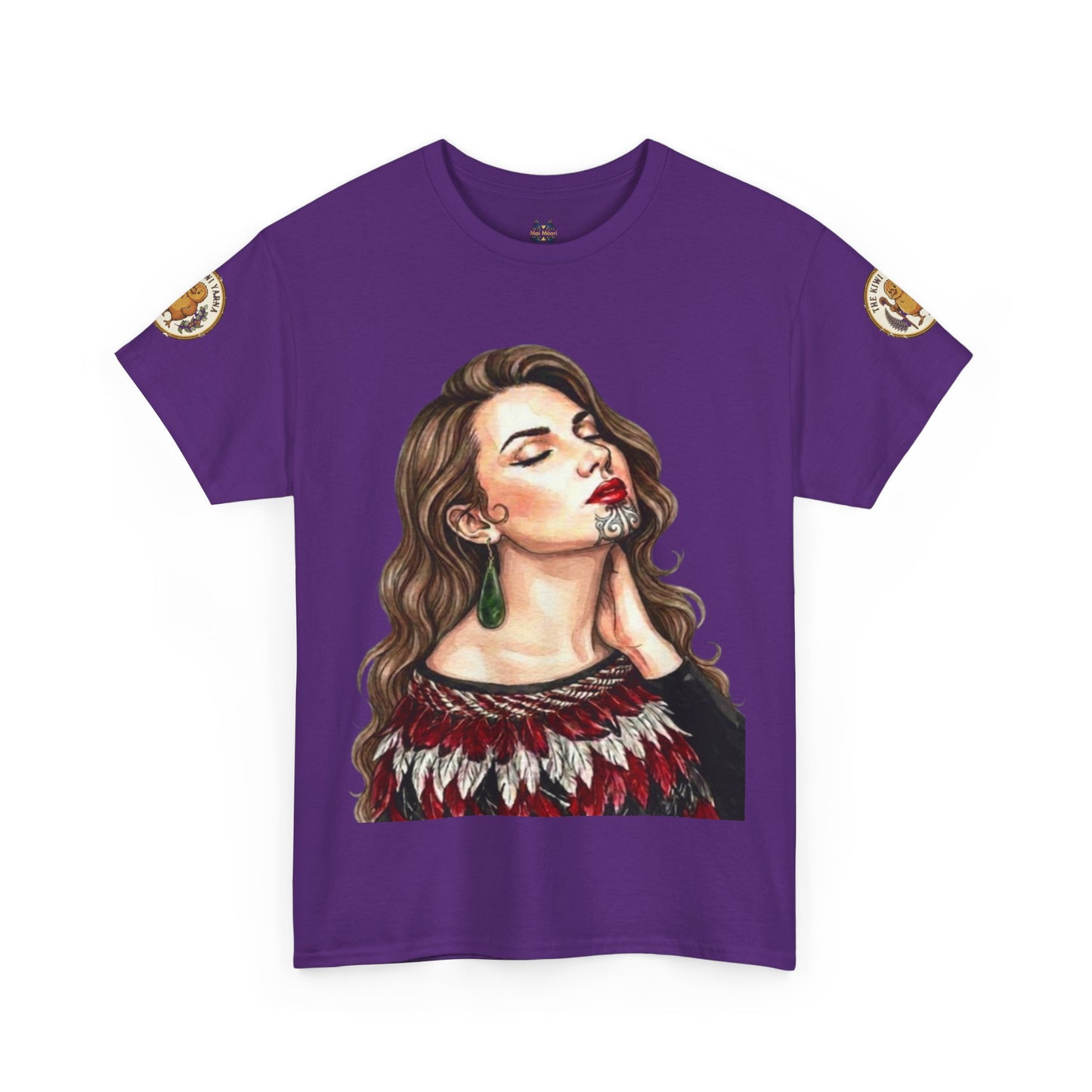 Purple graphic portrait T-shirt with short sleeves and decorative sleeve patches