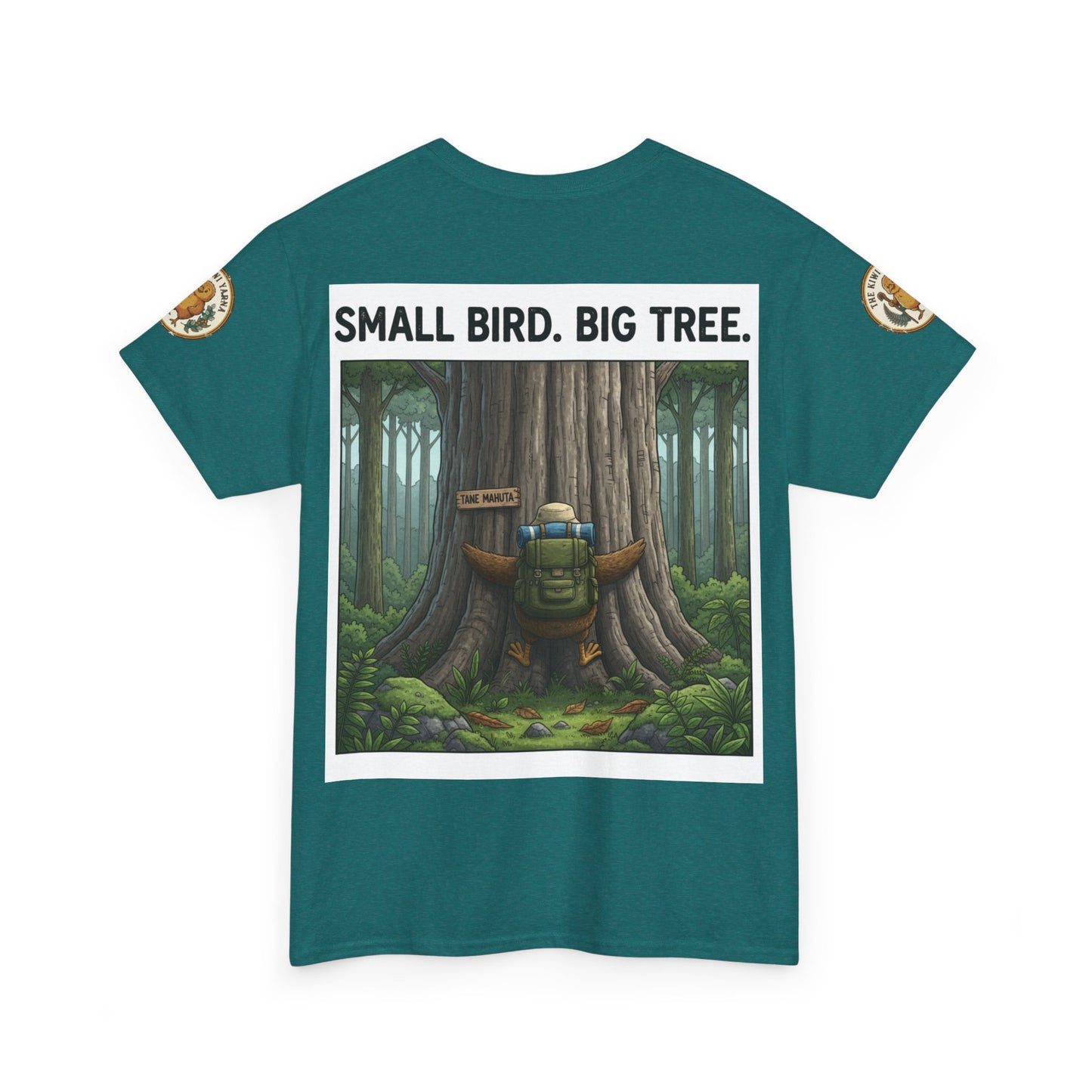 Teal crew-neck T-shirt with centered white-framed forest scene graphic and sleeve patches