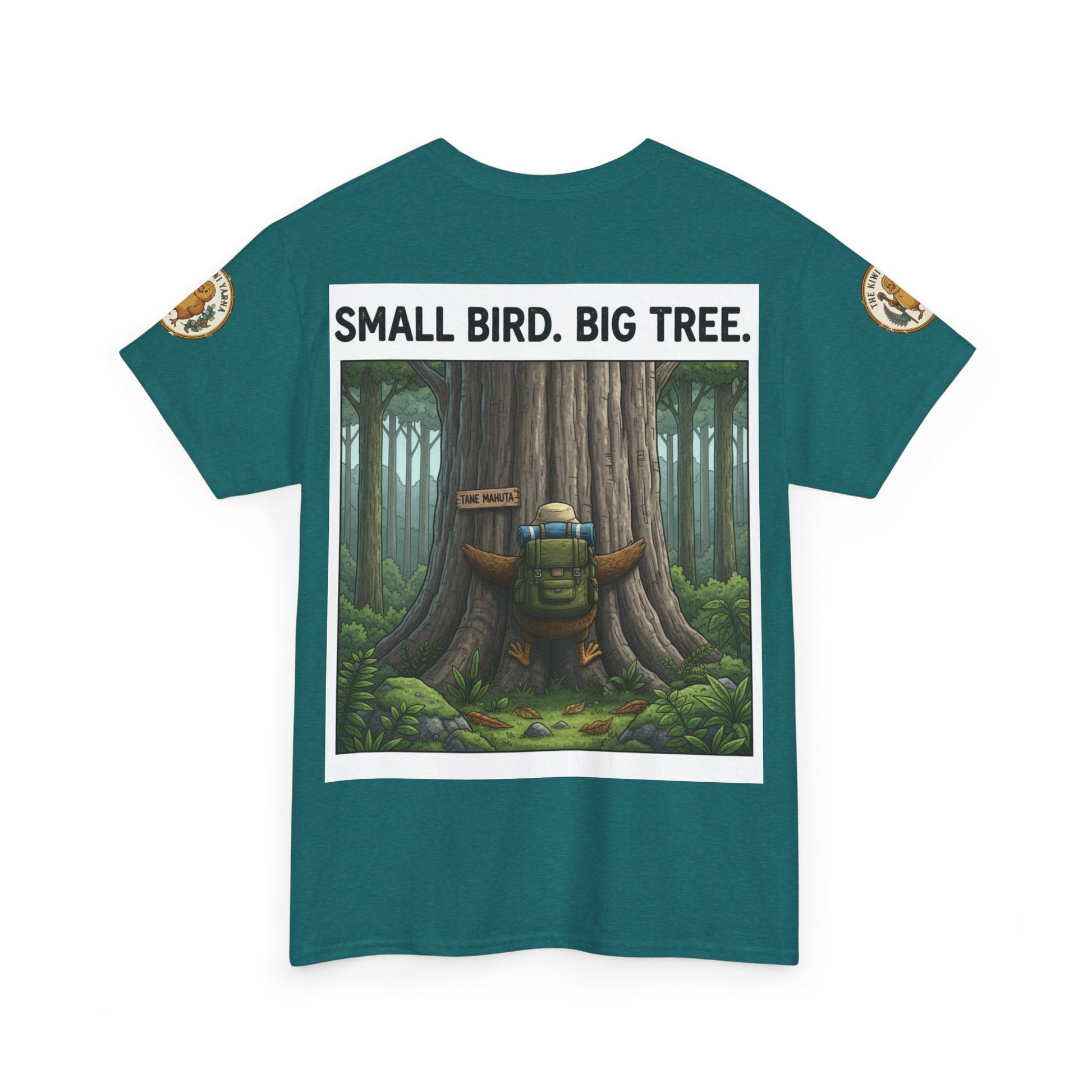 Teal crew-neck T-shirt with centered white-framed forest scene graphic and sleeve patches