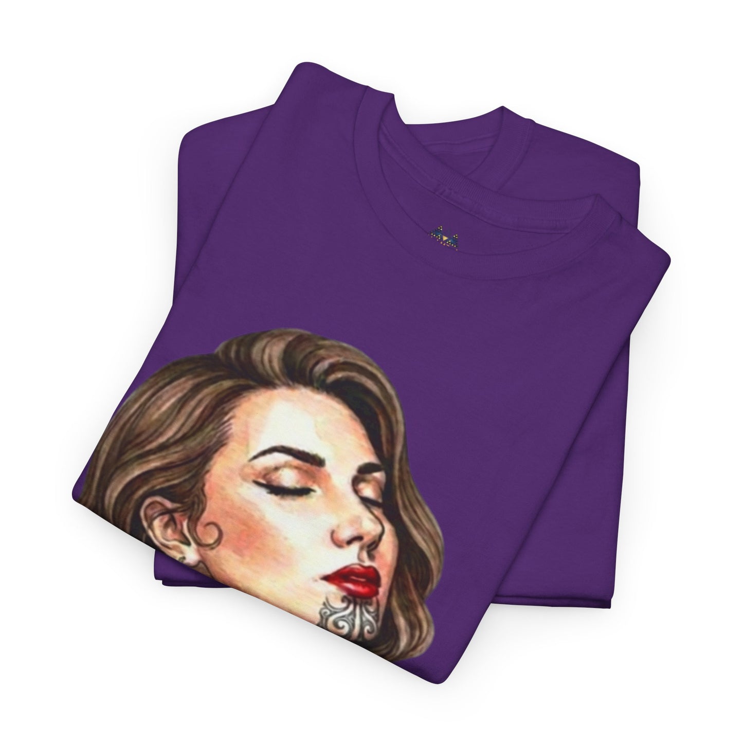 Purple graphic T-shirt with crew neck, short sleeves, and large woman face artwork.