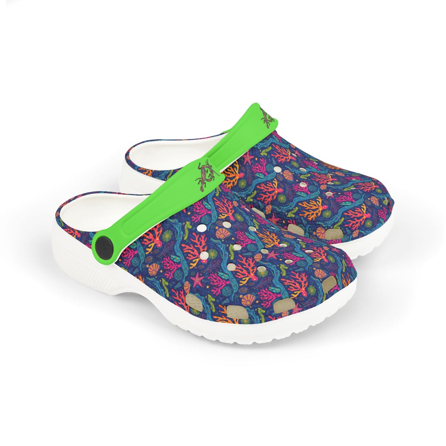 Men’s casual clog with colorful coral-pattern upper, green strap, white outsole.