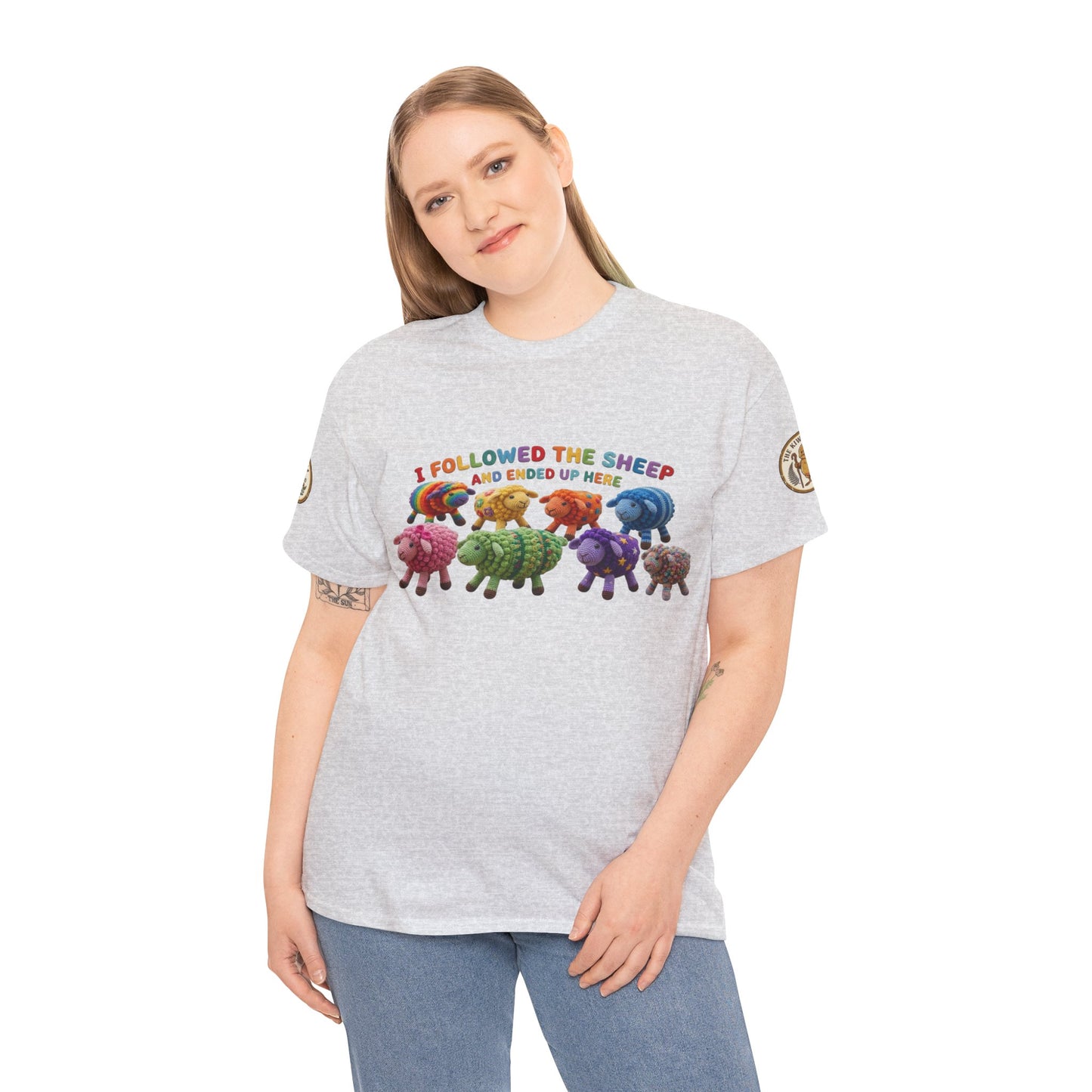 Heather gray crewneck graphic T-shirt with colorful sheep animals on the chest