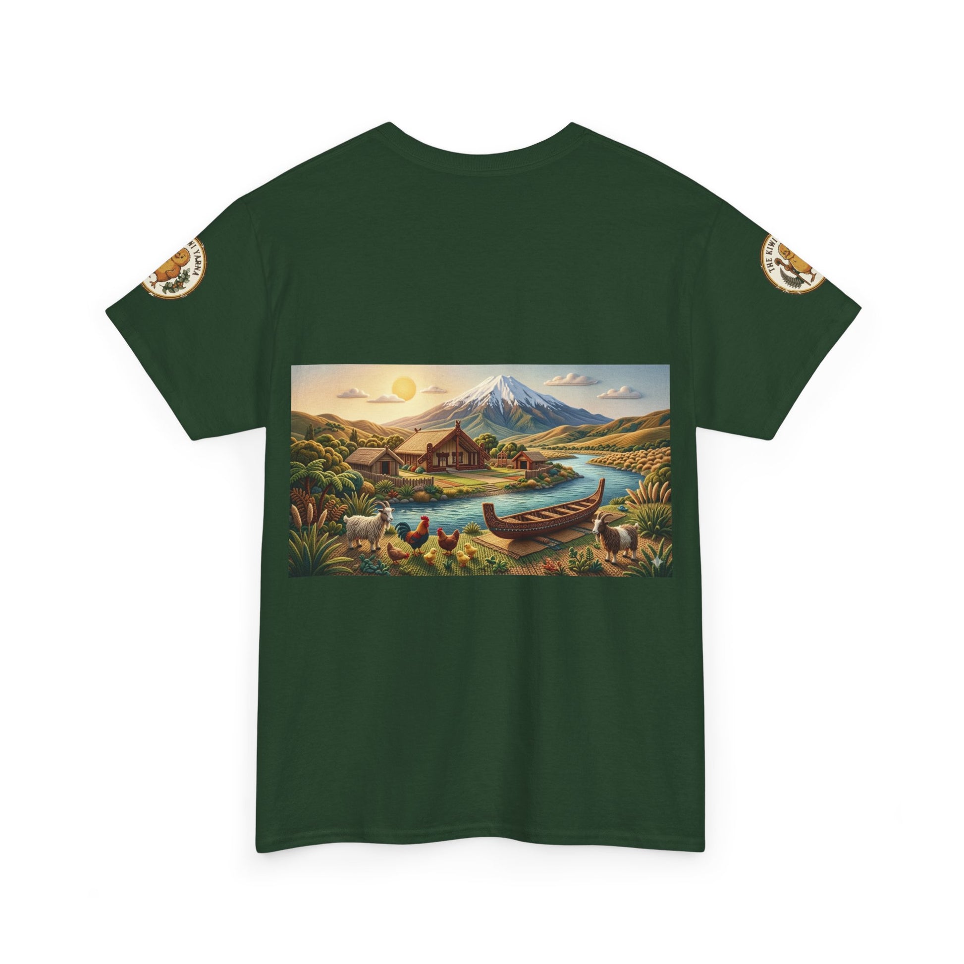 Dark green graphic T-shirt with round neck, front landscape print, and canoe motif
