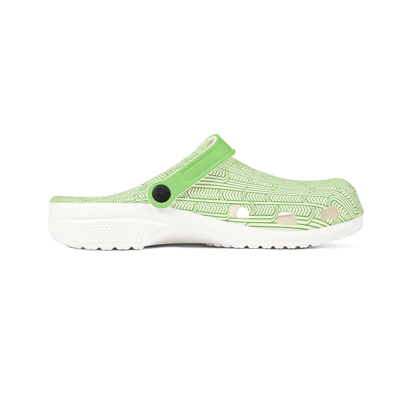 Maoritanga slide clogs, side view: green patterned upper, dark strap detail, white sole