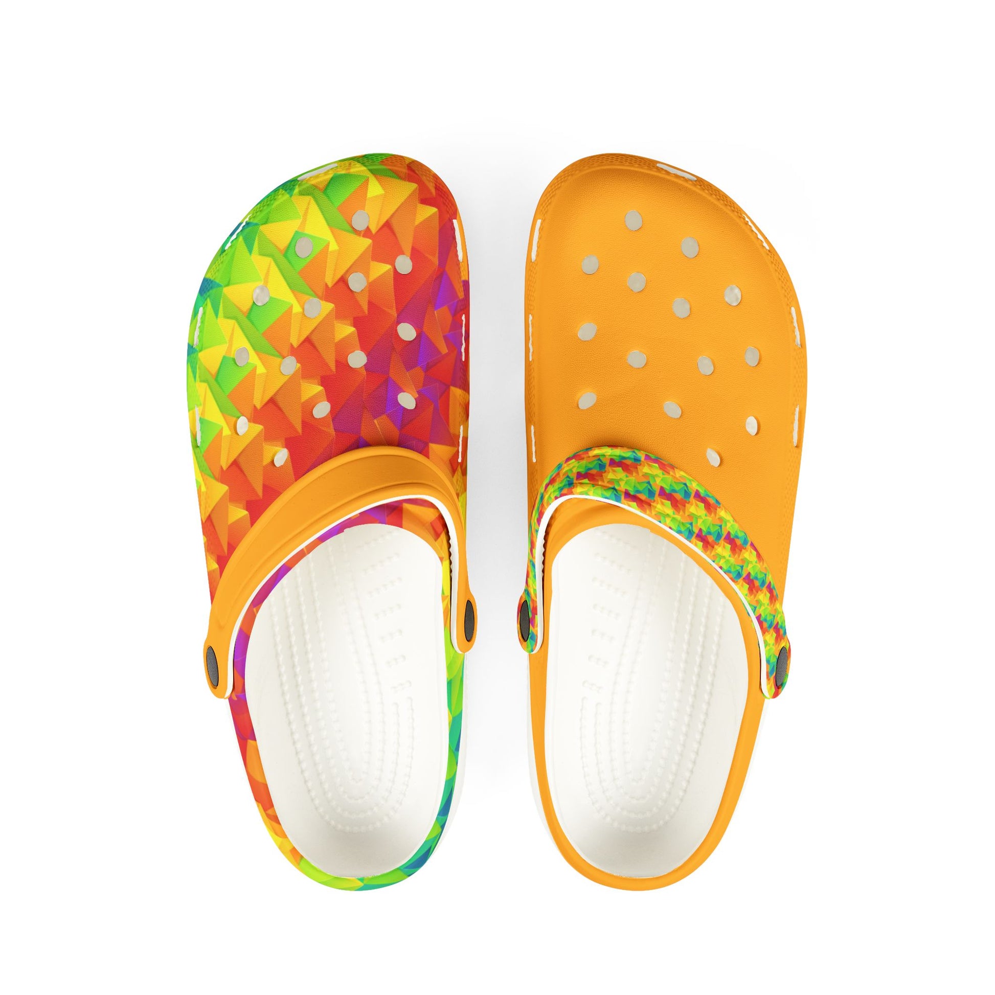 Ahi clogs in multicolor geometric print with orange details and white perforated sole
