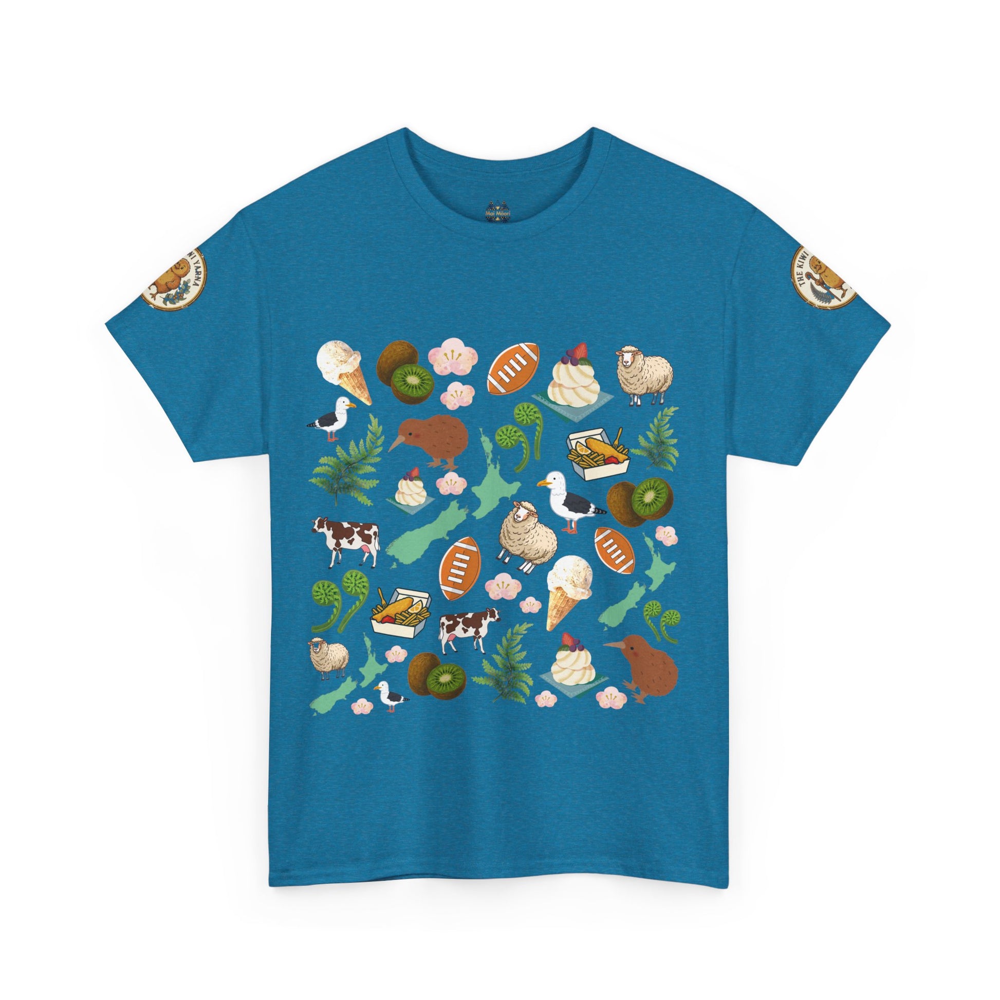 Blue short-sleeve T-shirt with colorful Kiwiana animal and fruit graphic print