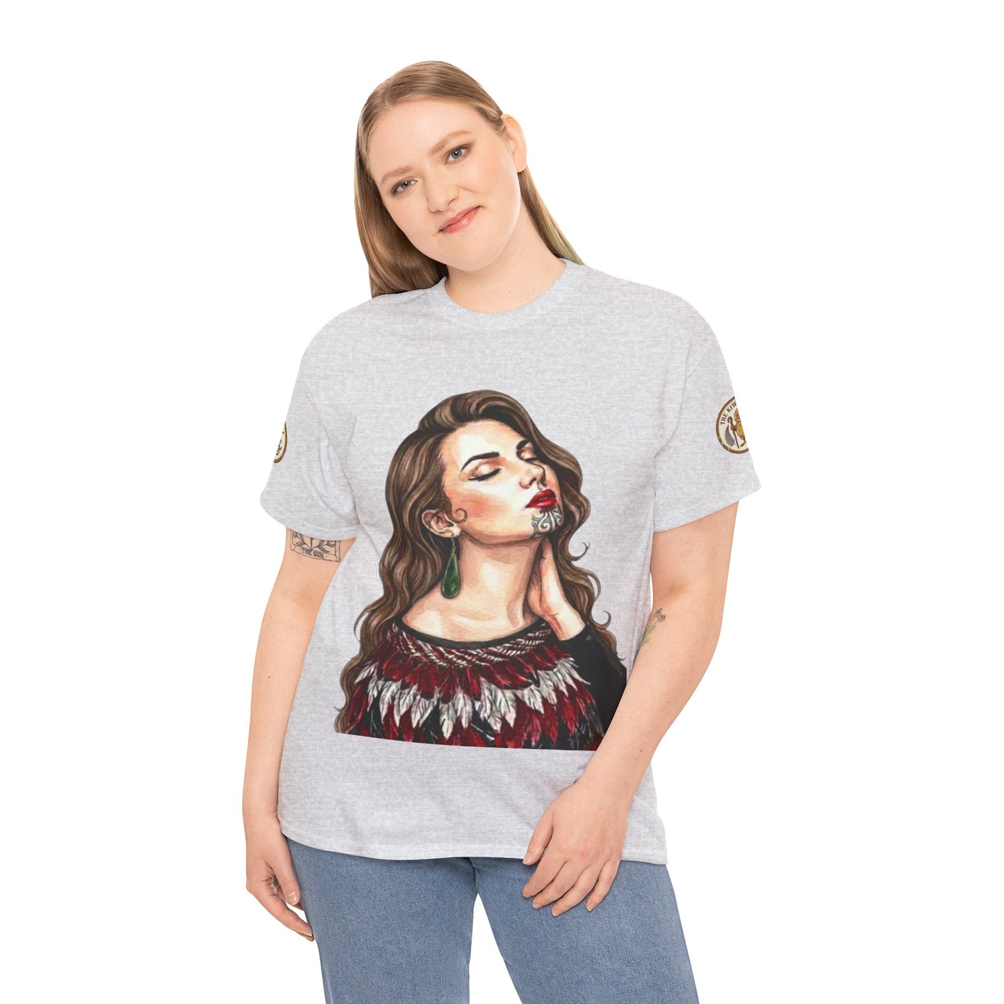 Korowai graphic t-shirt, heather gray; portrait face print front; sleeve badge