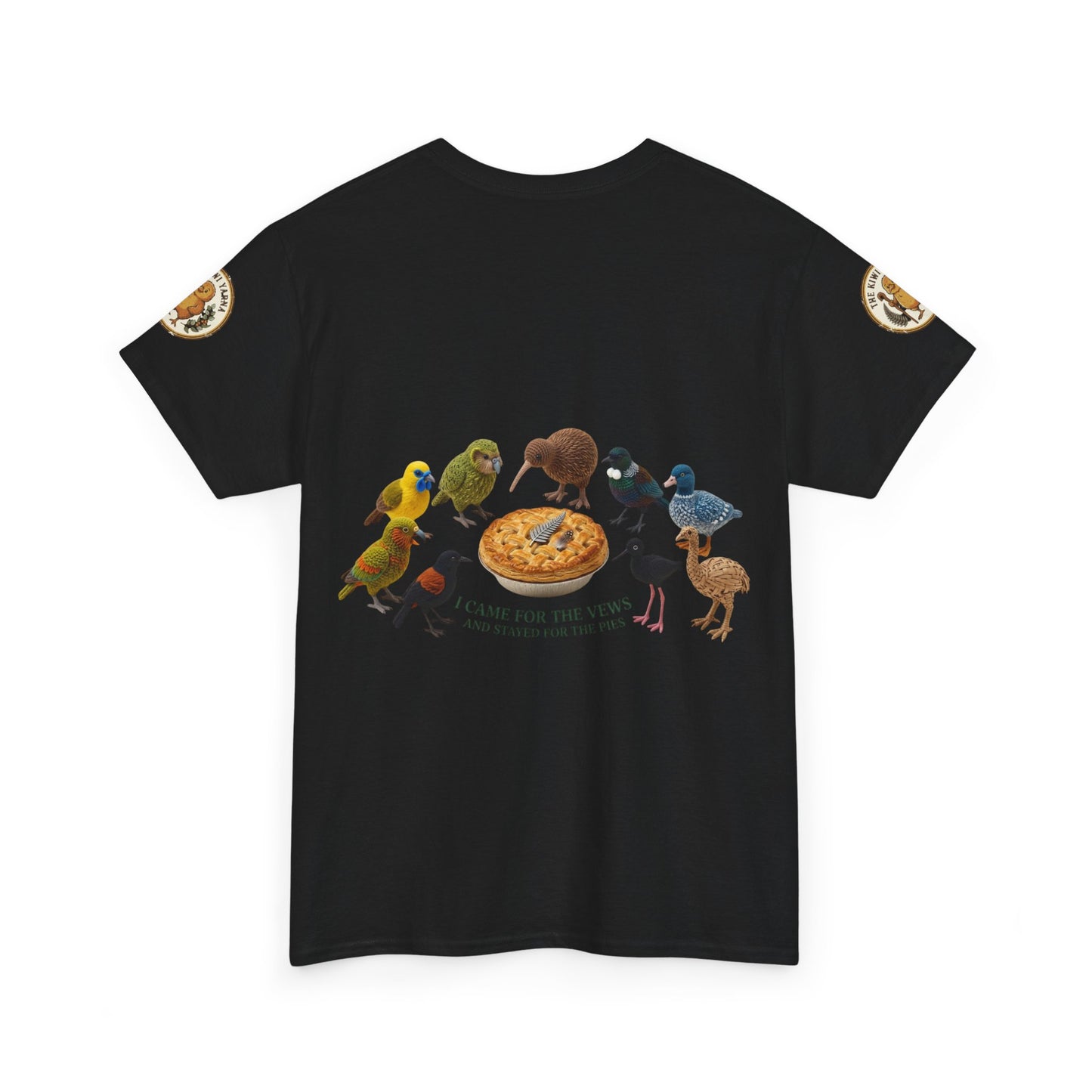 Black short-sleeve T-shirt with colorful bird-and-pizza graphic on the front