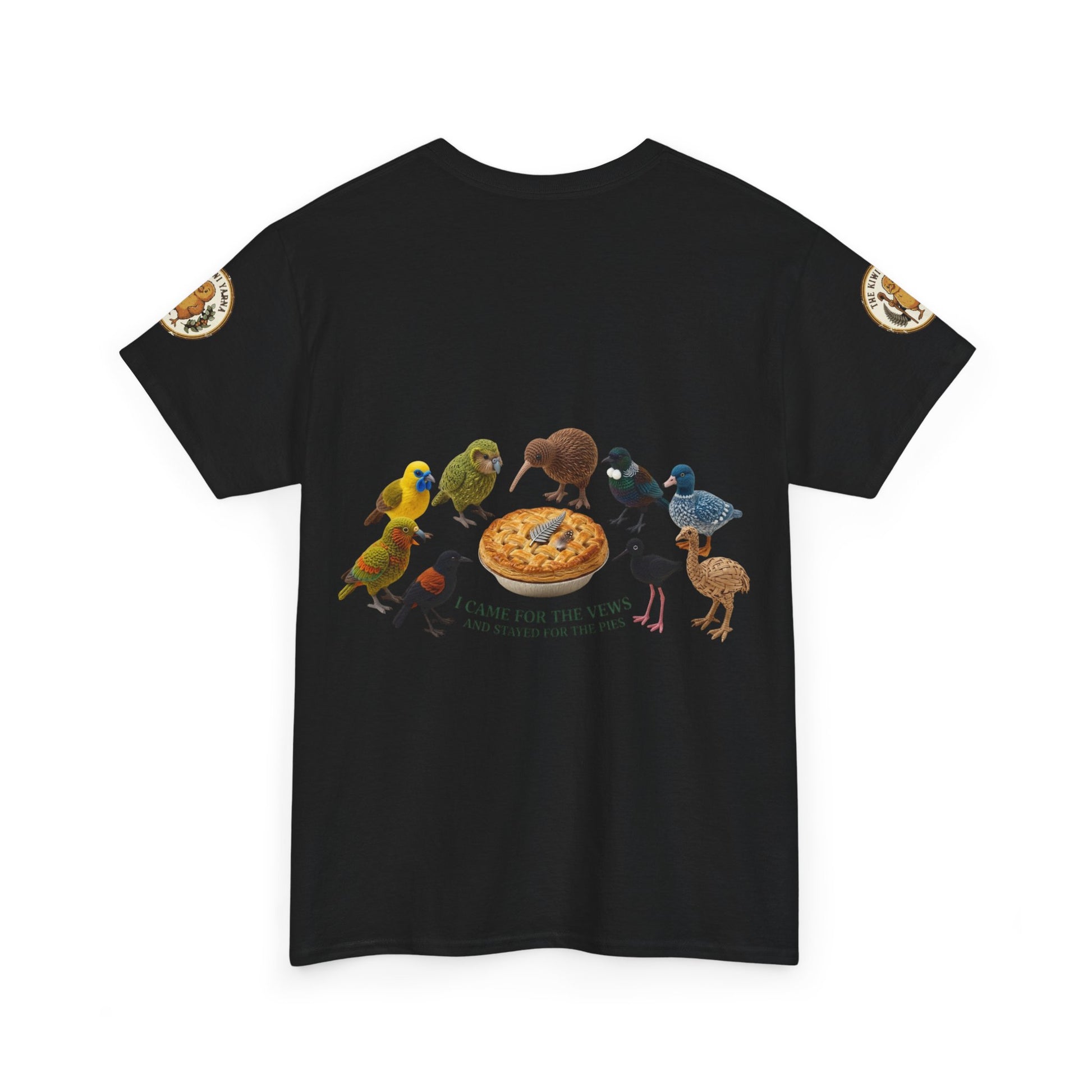 Black short-sleeve T-shirt with colorful bird-and-pizza graphic on the front