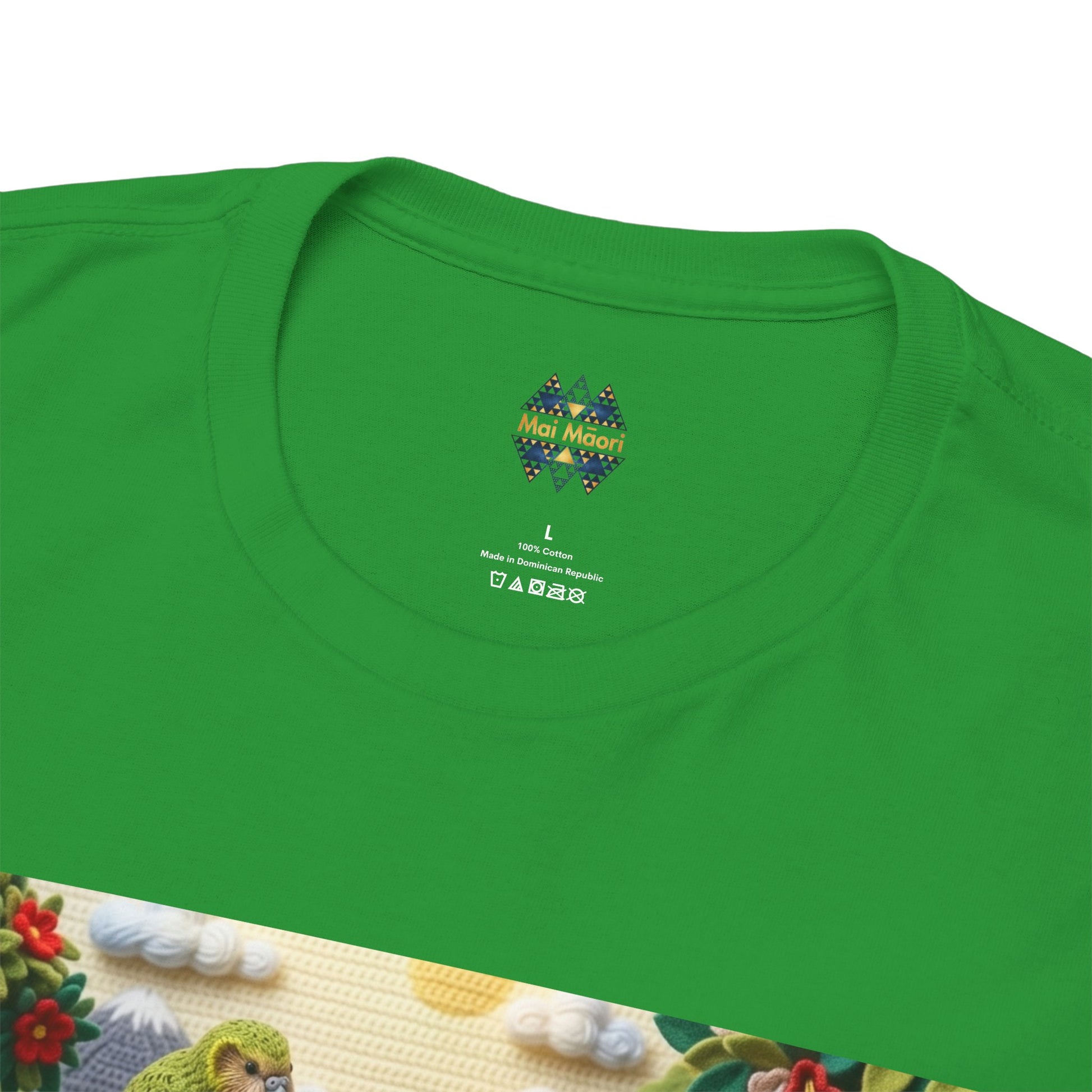 Green T-shirt back with small “Mai Mai” logo at neckline and care labels