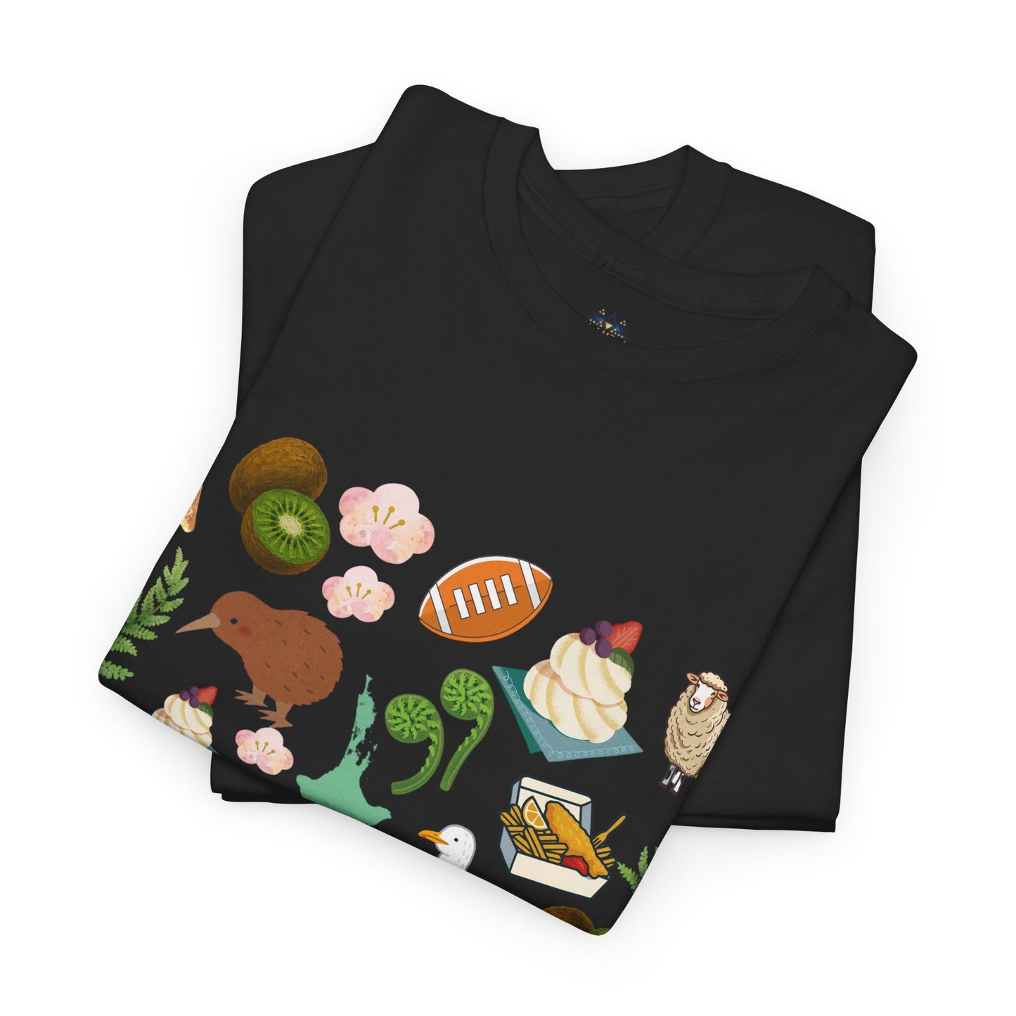 Kiwiana-themed T-shirt in black with colorful wildlife, plants, and fruit print