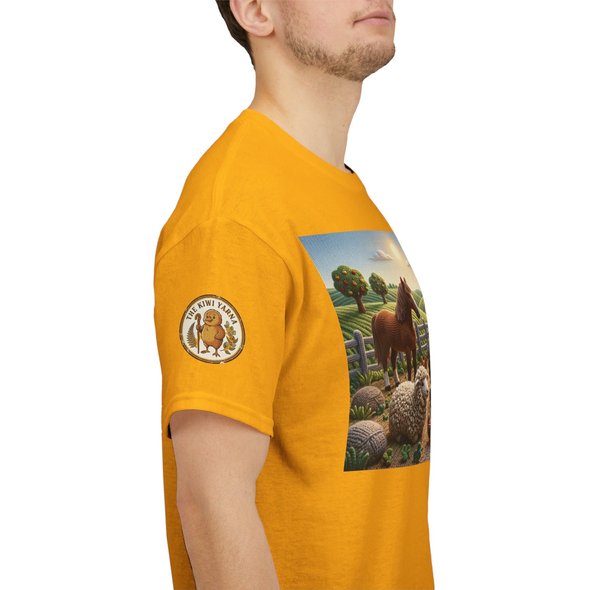 Mustard yellow graphic T-shirt with side farm scene panel and circular sleeve logo