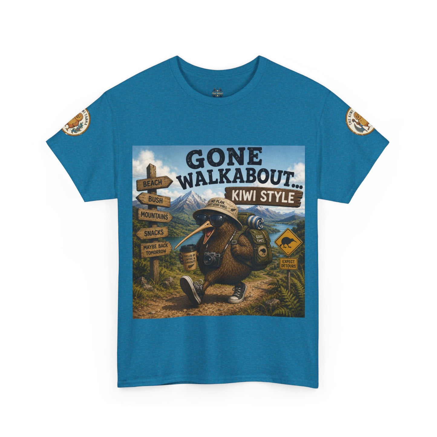 Blue crew-neck T-shirt with large kiwi adventure graphic on the front