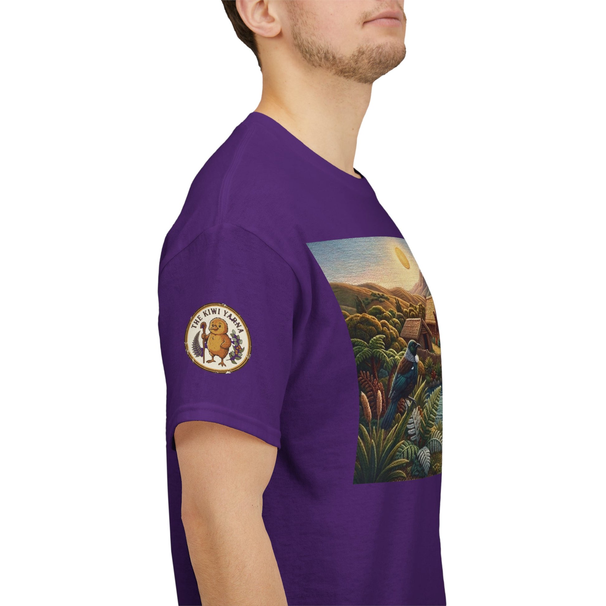 Purple short-sleeve T-shirt with circular sleeve patch and side view of front graphic