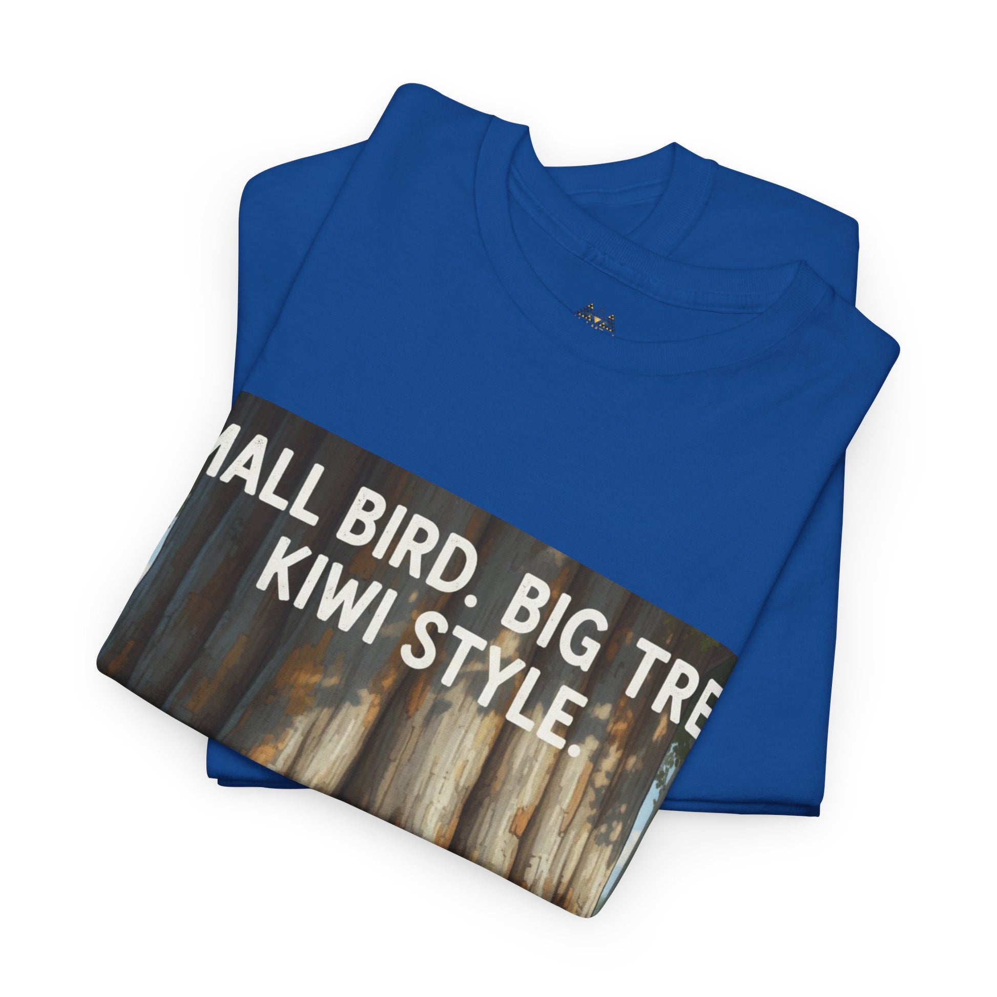 Blue crew-neck T-shirt folded, showing large front graphic and partial text.