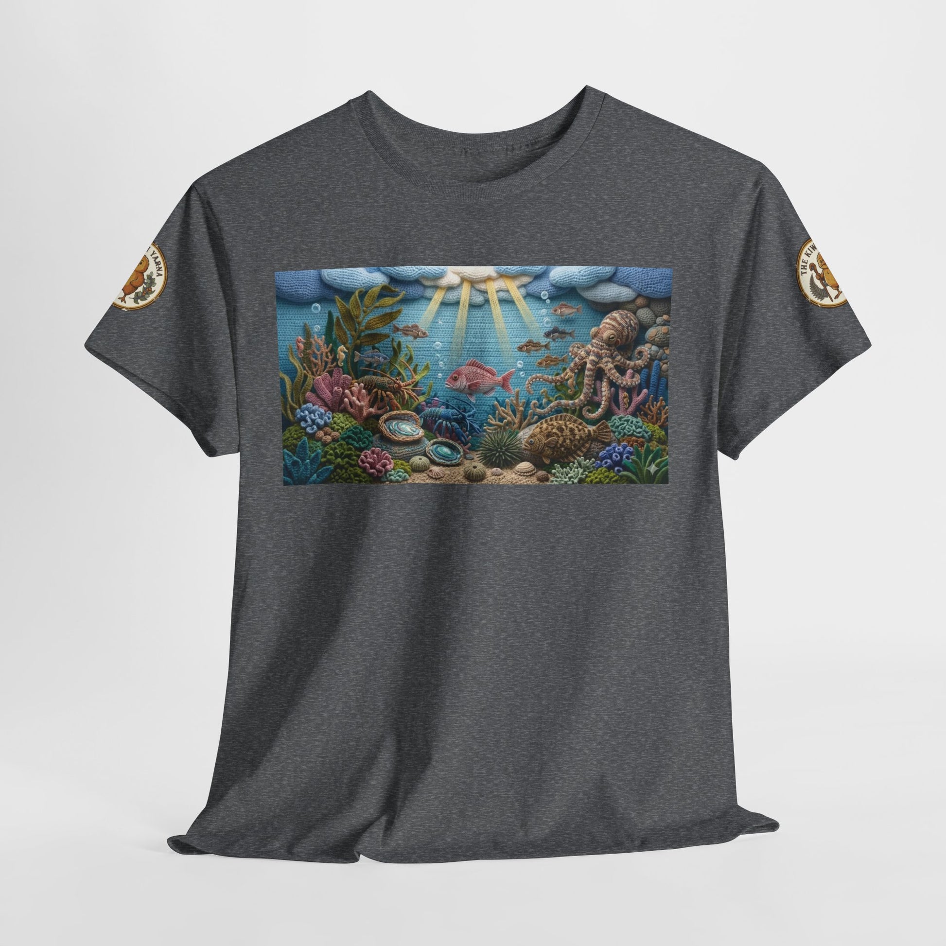 Heather gray crew-neck graphic T-shirt with rectangular ocean scene graphic panel