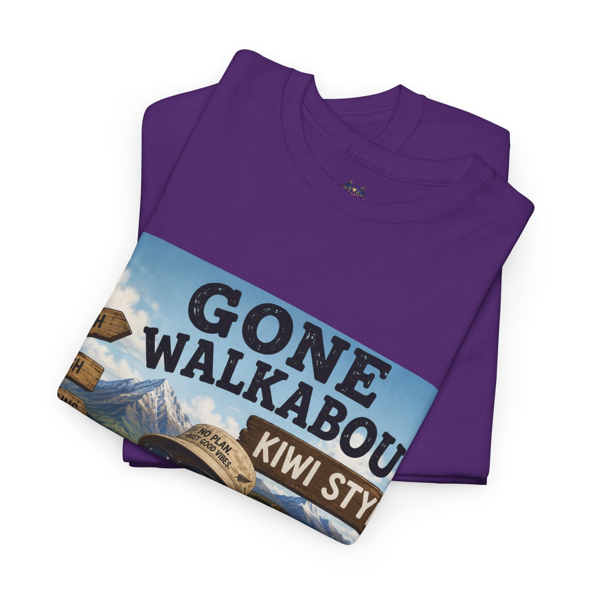 Purple crew-neck short-sleeve T-shirt with angled front graphic print overlay design.