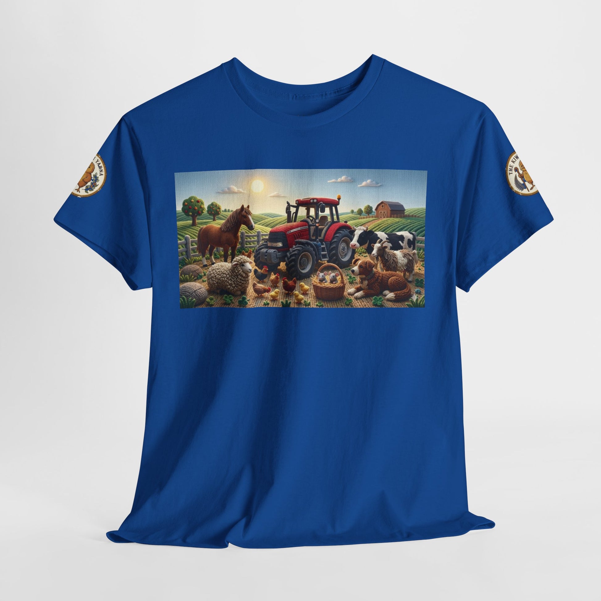 Royal blue crewneck T-shirt with farm tractor and animals graphic; sleeve emblem patches.