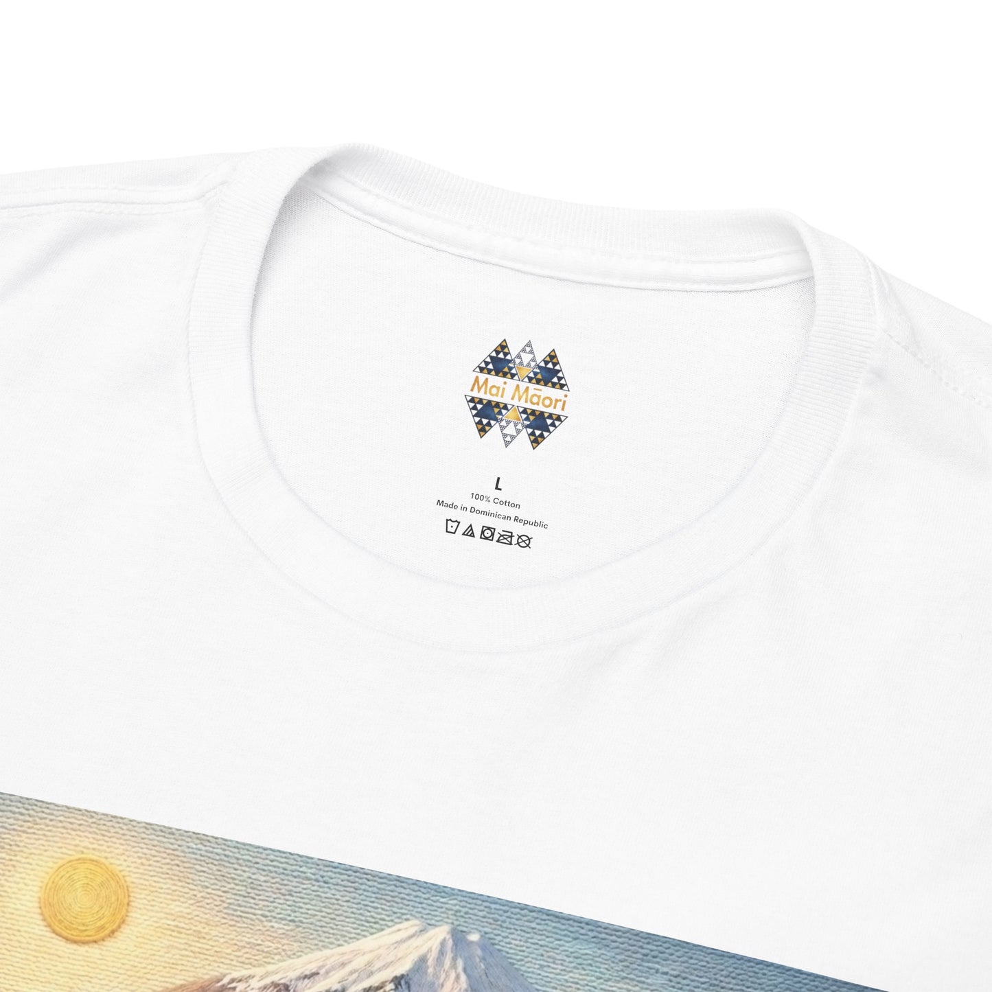 White T-shirt neckline close-up with small multicolor logo emblem