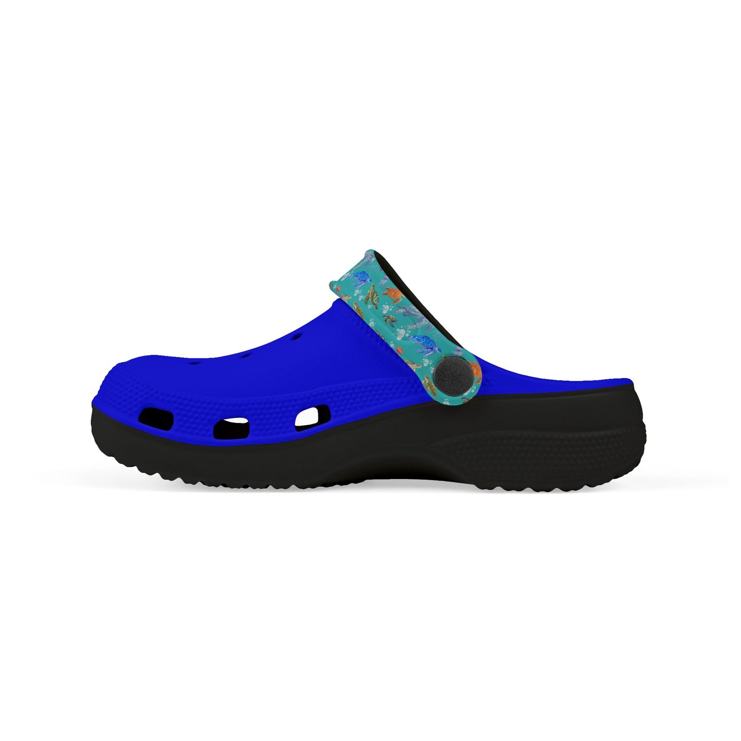 Kids' slip-on clogs, blue upper with teal sea-animal sides and black outsole.
