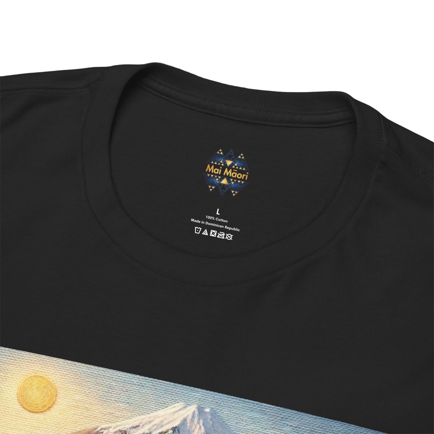 Black crewneck T-shirt with small chest logo label at neckline