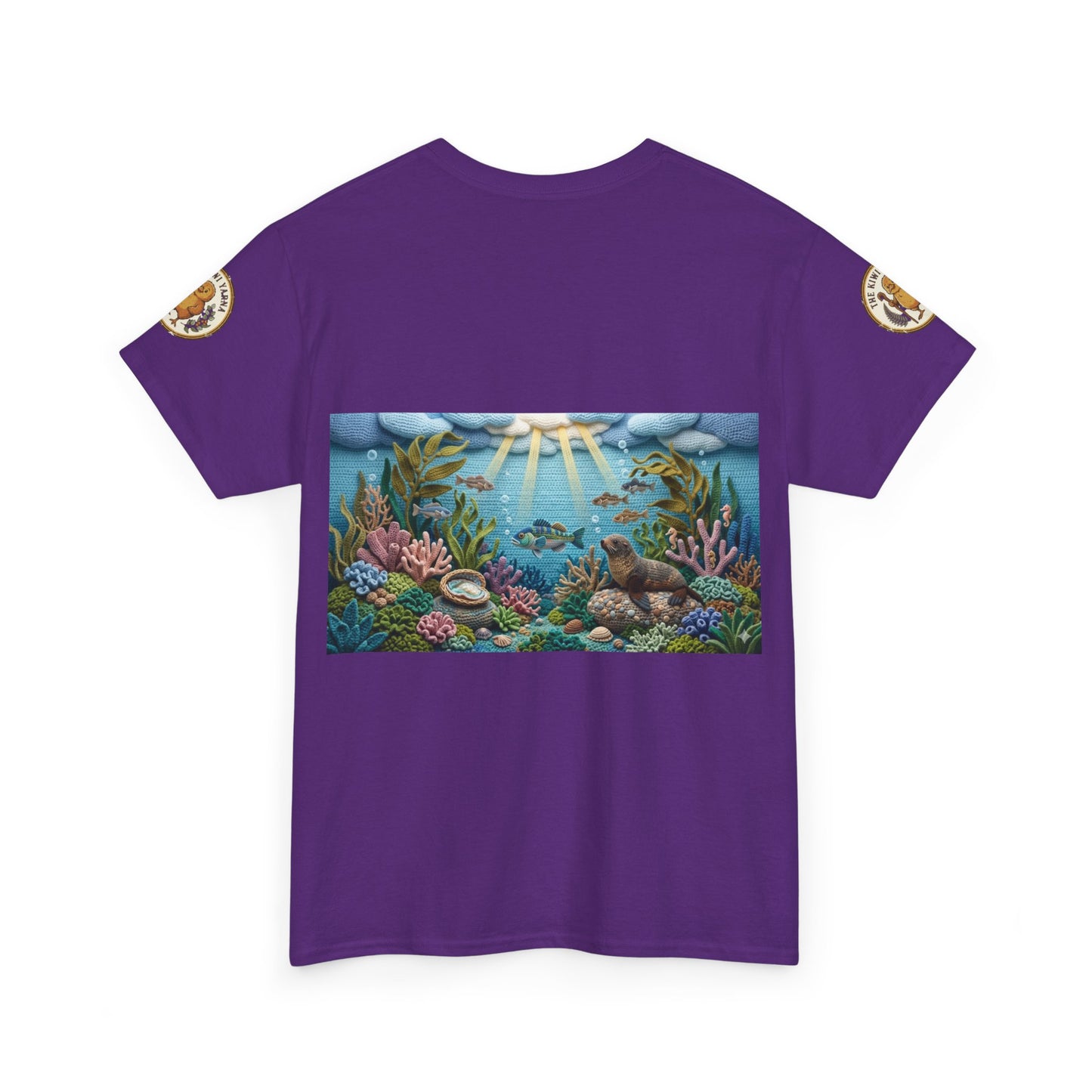 Purple crewneck T-shirt with rectangular undersea scene graphic and circular sleeve patches