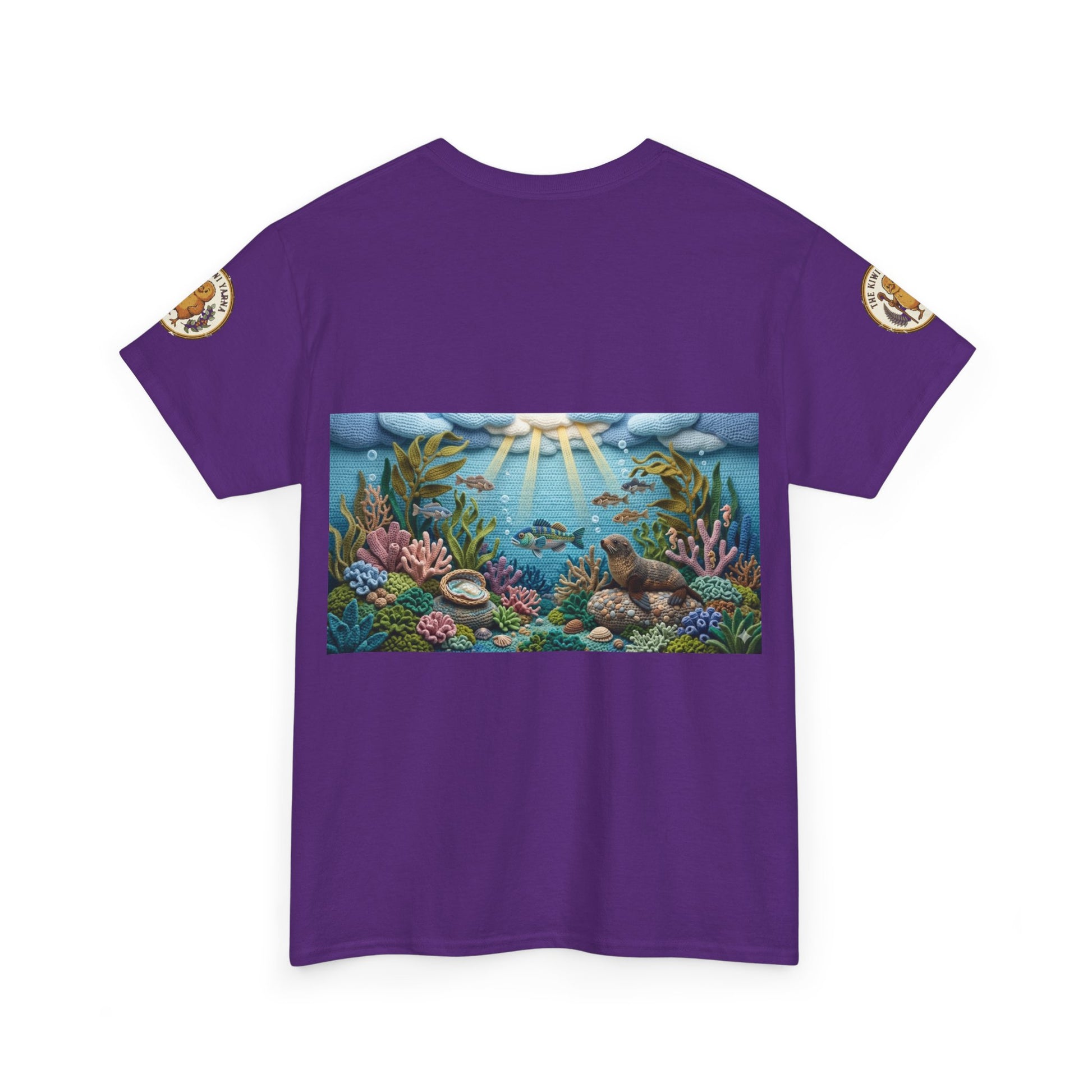Purple crewneck T-shirt with rectangular undersea scene graphic and circular sleeve patches