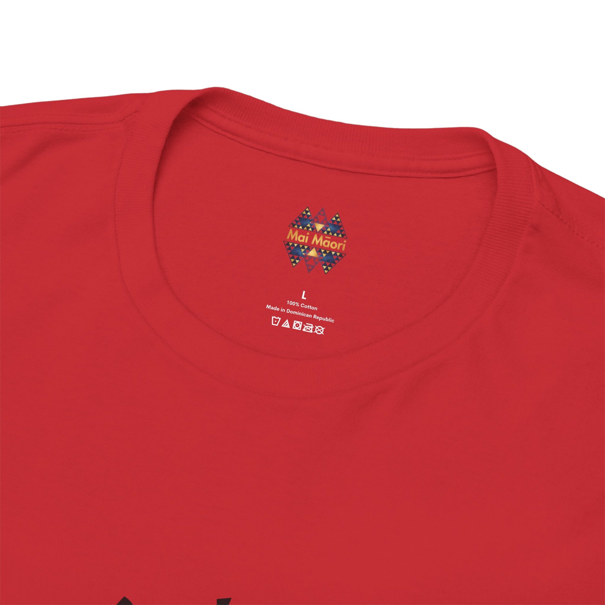 Red crewneck T-shirt close-up of chest logo and size label