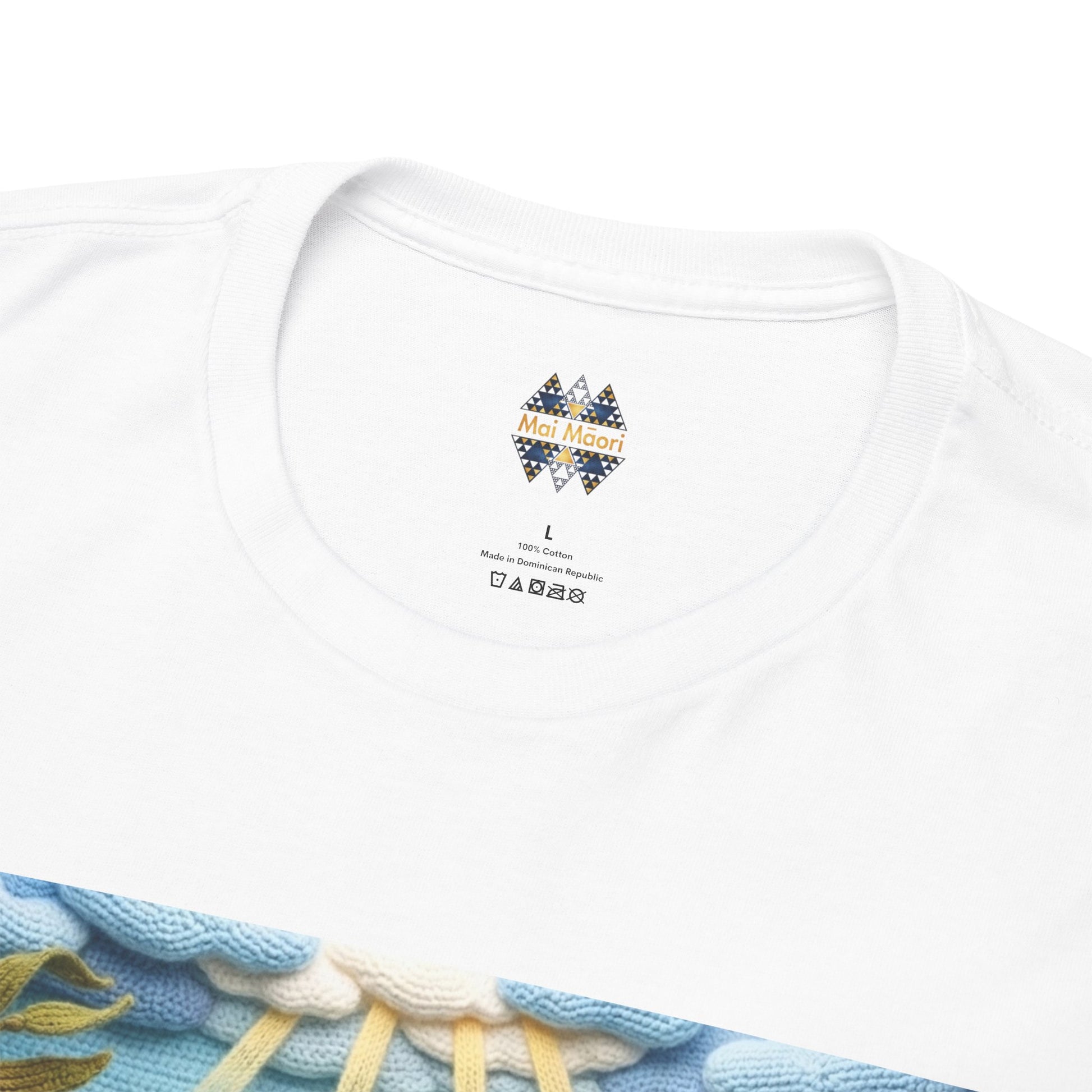 White crew-neck T-shirt with small chest logo near neckline.