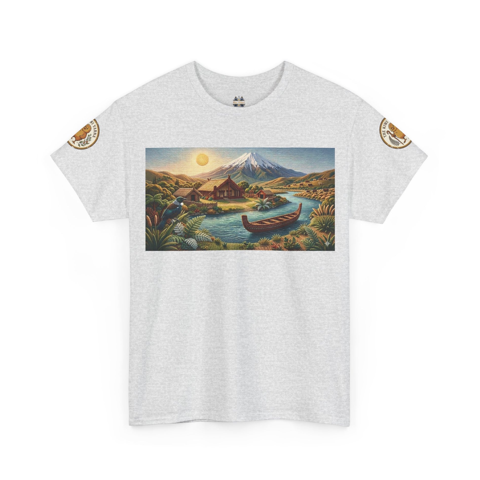 Light gray graphic T-shirt with landscape print and canoe; circular sleeve patches.