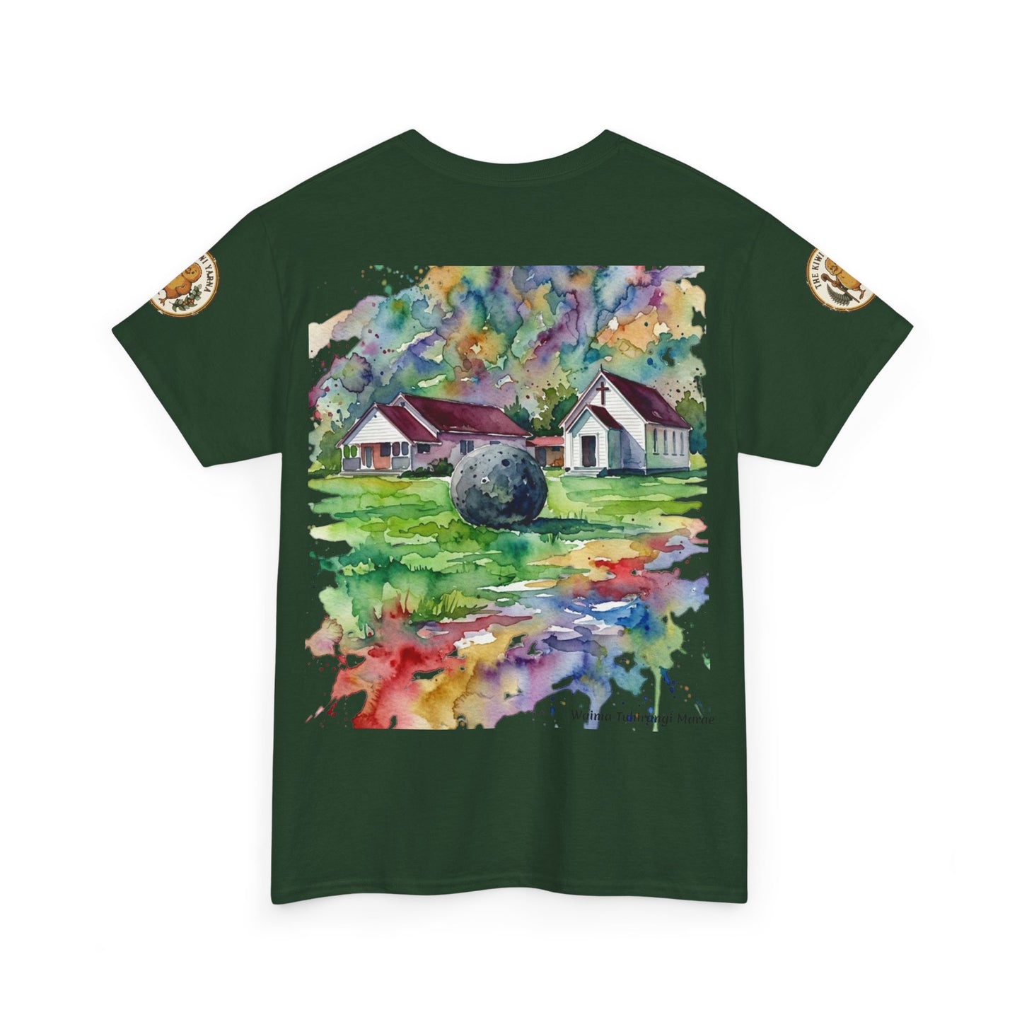 Green T-shirt with colorful watercolor-style house and landscape graphic on front