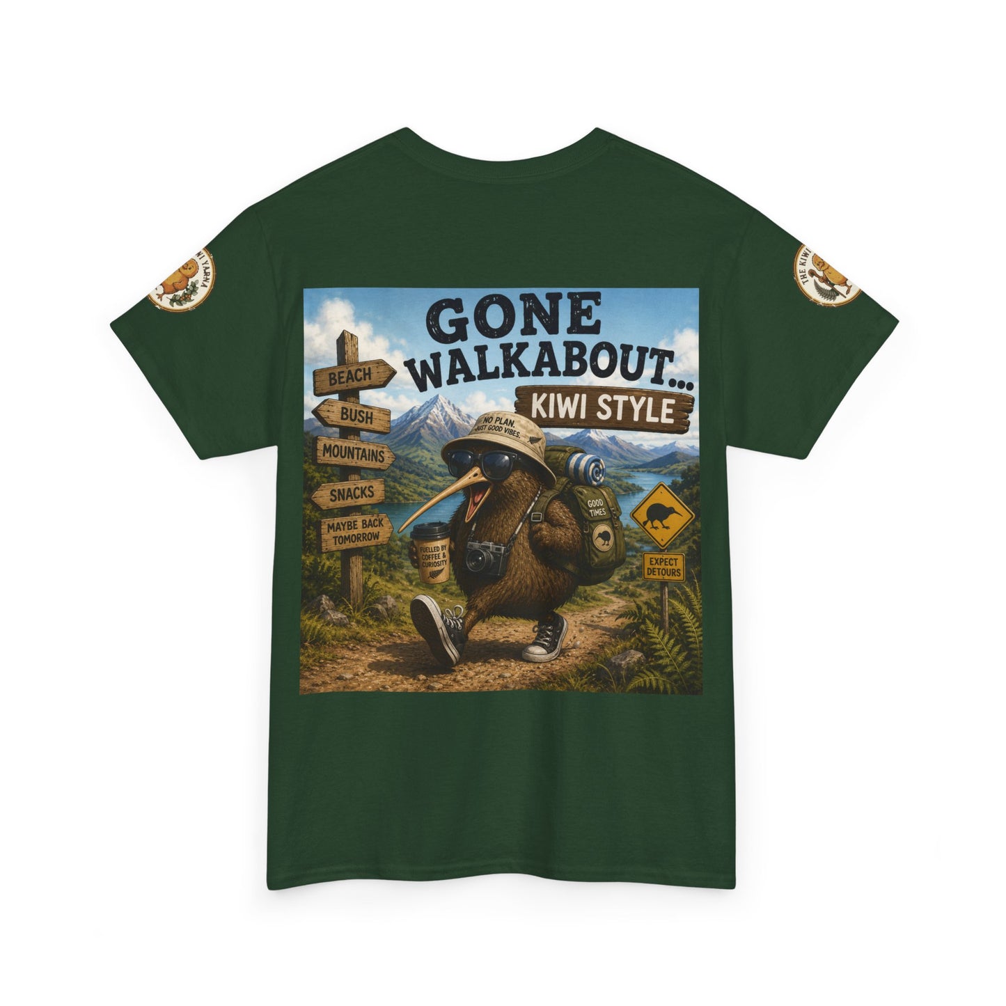 Forest green T-shirt with front kiwi adventure poster print, short sleeves